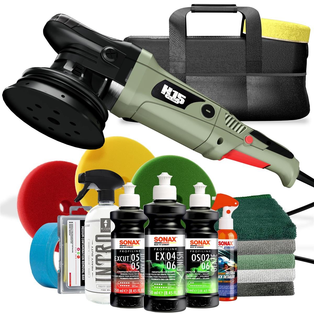 autopflege Exzenter Poliermaschine H15 Poliermaschinen Sets, Inkl. Mikrofasertücher, Polierpads, Reinigungsknete, Lackreiniger