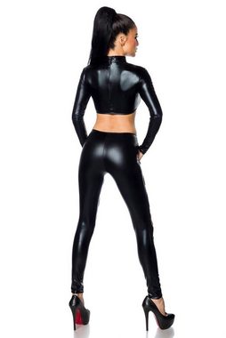 Saresia Catsuit »3-tlg. Wetlook-Set Gogo Outfit : Top mit Stehkragen und langen Ärmeln, Leggings, String in schwarz, Made in EU«