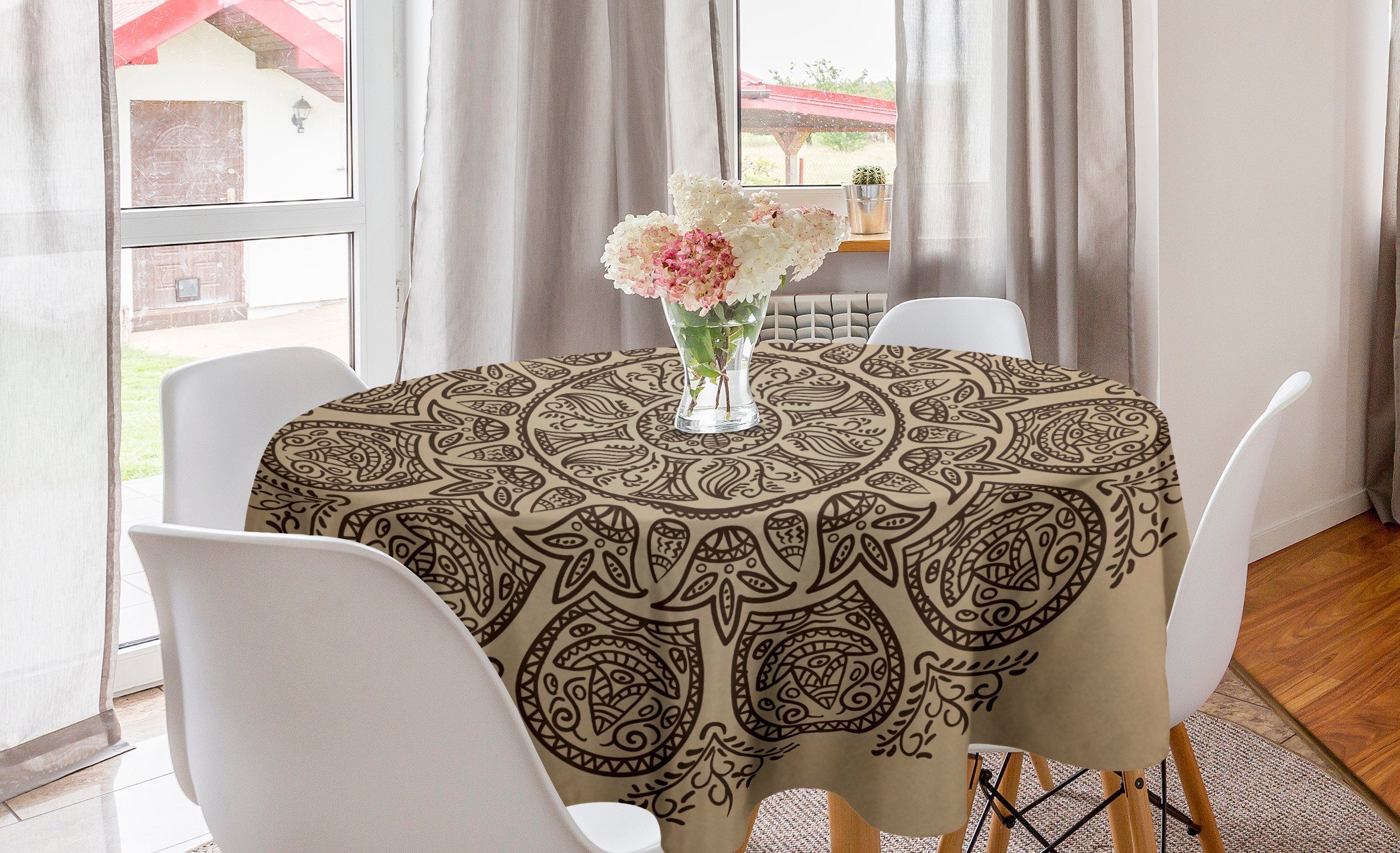 Abakuhaus Tischdecke Kreis Tischdecke Abdeckung für Esszimmer Küche Dekoration, Brown Mandala Blumen-Blätter Vorbauten