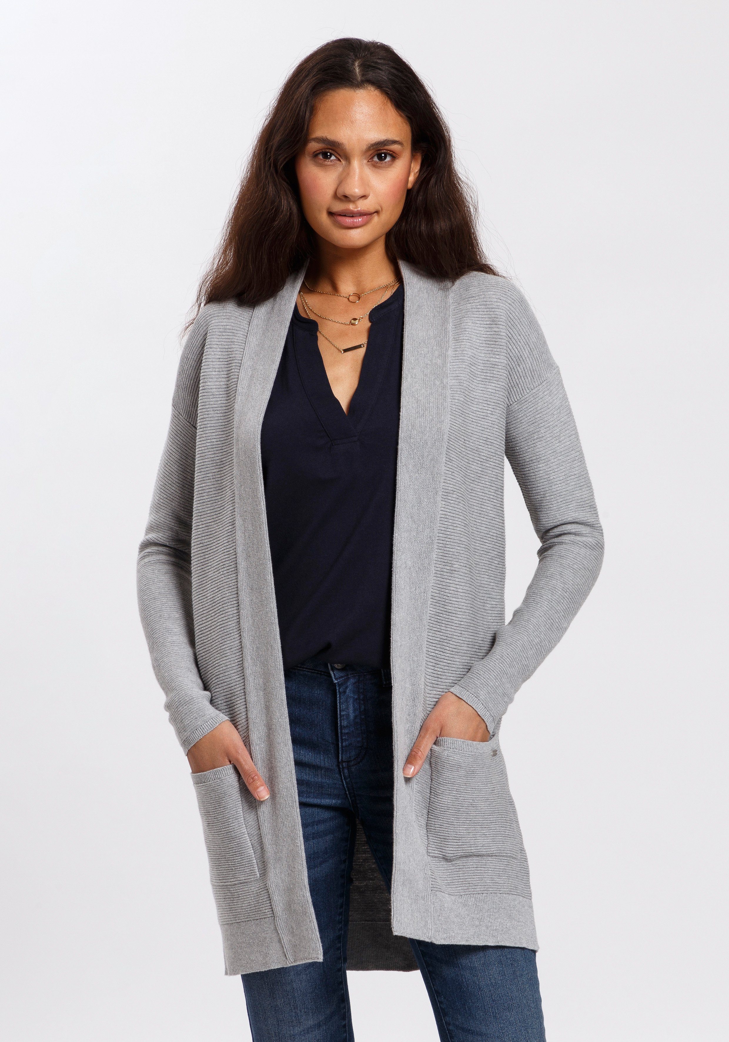 TOM TAILOR Longstrickjacke aus Rippstrick mit aufgesetzten Taschen silver grey melange