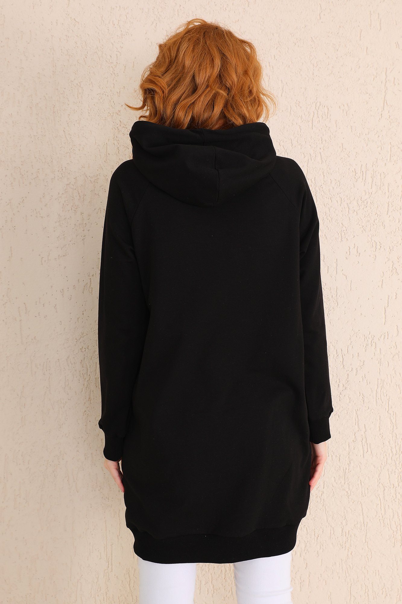 Bongual mit Sweatkleid schwarz Longpullover Fleece Kapuze