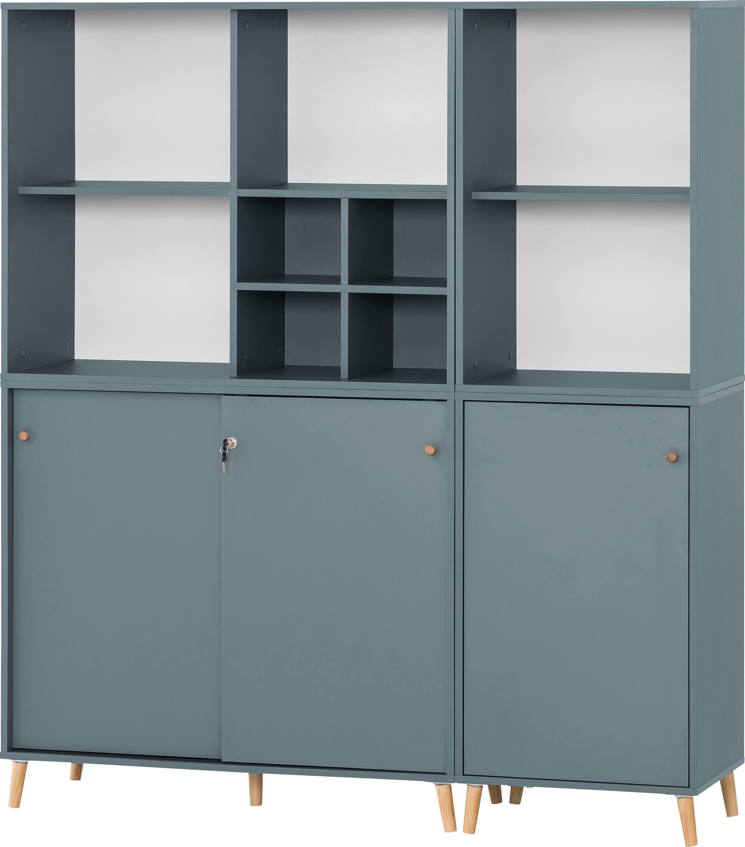 Schildmeyer Büro-Set Serie 500, bestehend aus 2 Regalen, 2 Schränken, 1  Regalkreuz, Griffe und Möbelfüße aus Massivholz | Aktenregale