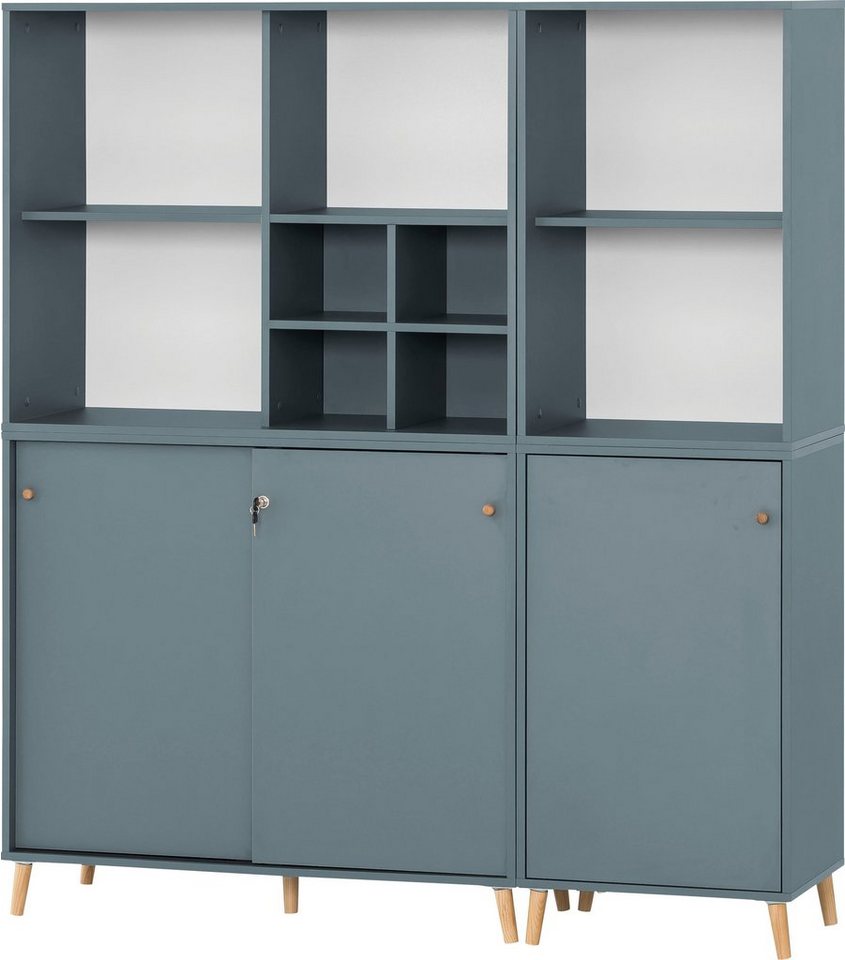 Schildmeyer Büro-Set Serie 500, bestehend aus 2 Regalen, 2 Schränken, 1  Regalkreuz, Griffe und Möbelfüße aus Massivholz