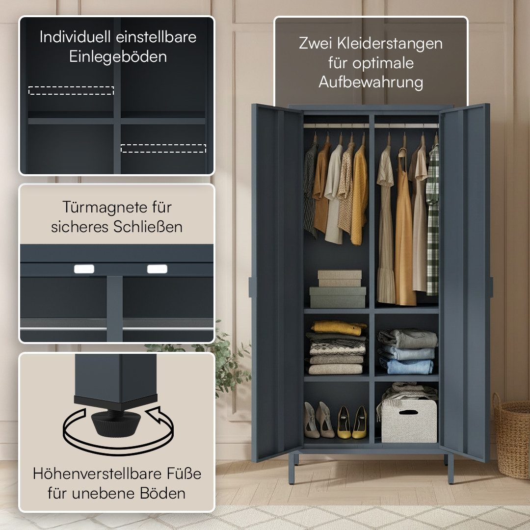 skølm Kleiderschrank Ituri aus Metall (Anthrazit) Metallschrank mit 6 Fächern & 2 Kleiderstangen, 170x80x45 cm