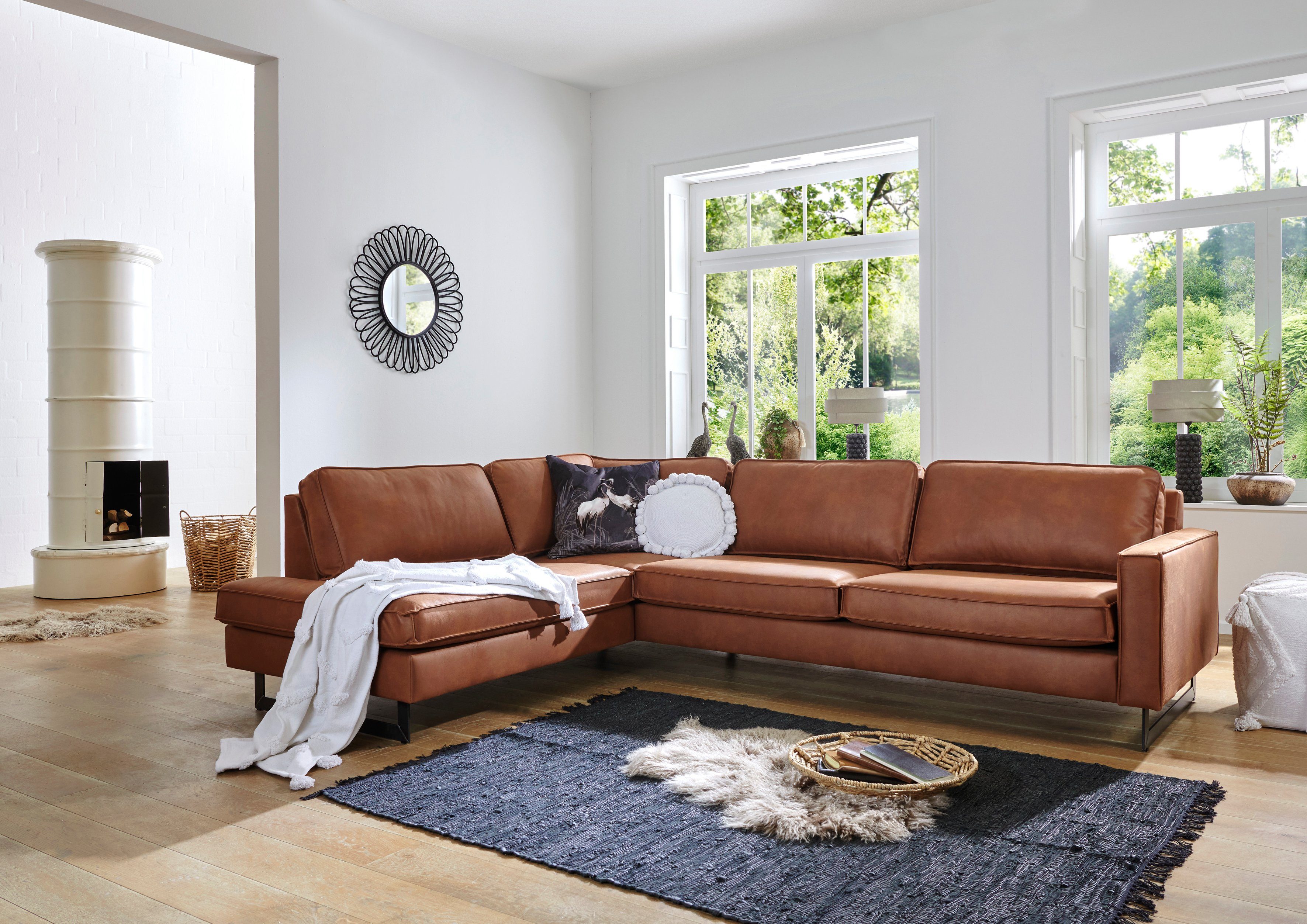 Home affaire Ecksofa Pinto, 290 cm, Cord, Chenille, Lederoptik, Ottomane links / rechts, mit Keder, schwarze Metallfüße, Wellenunterfederung