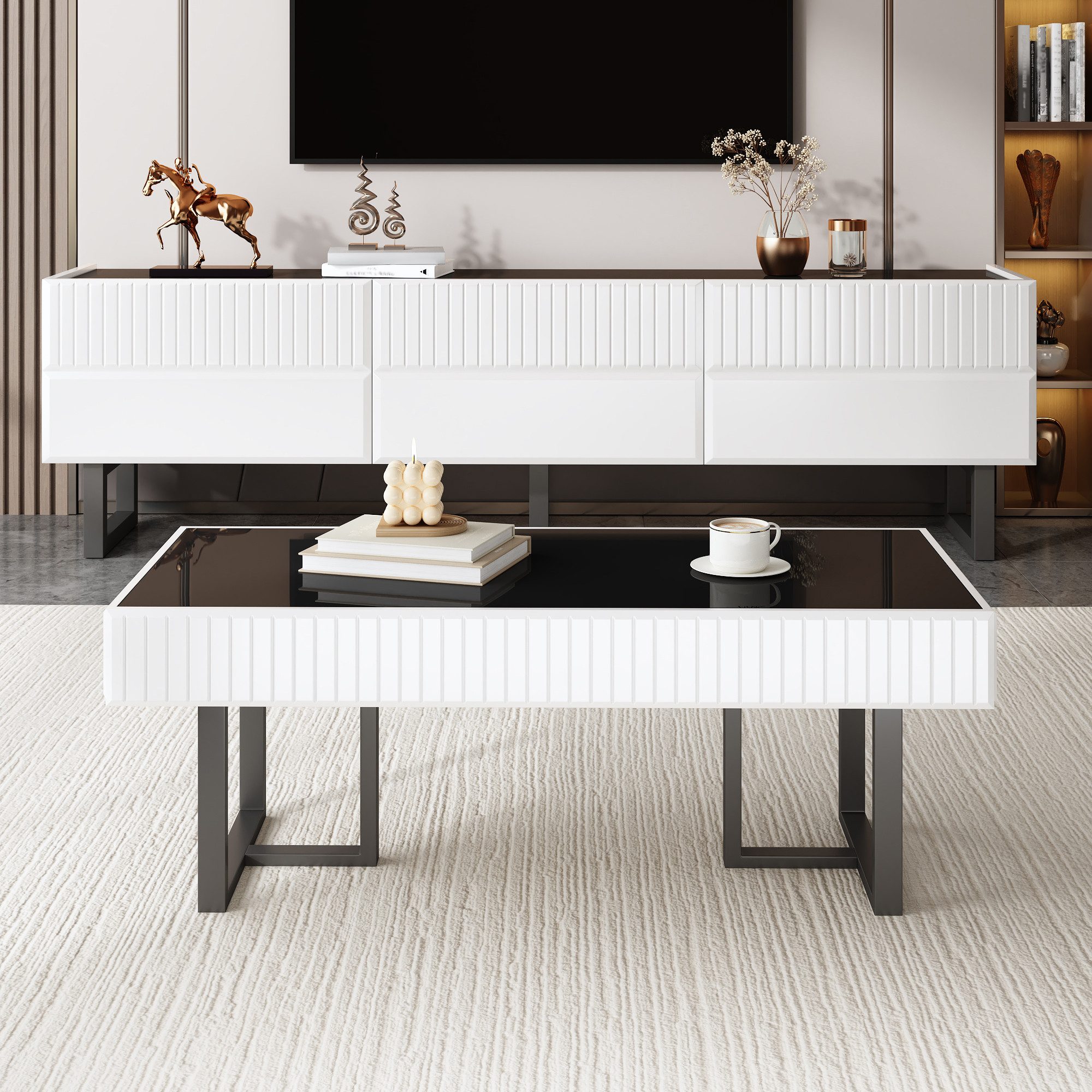 BlingBin Couchtisch Beistelltisch Wohnzimmertisch Wohnzimmer-set (mit 3 Schubladen, 2-St., Hochglänzende Tischplatte), 170 x 35x 47 cm + 110 x 50.5 x 41 cm