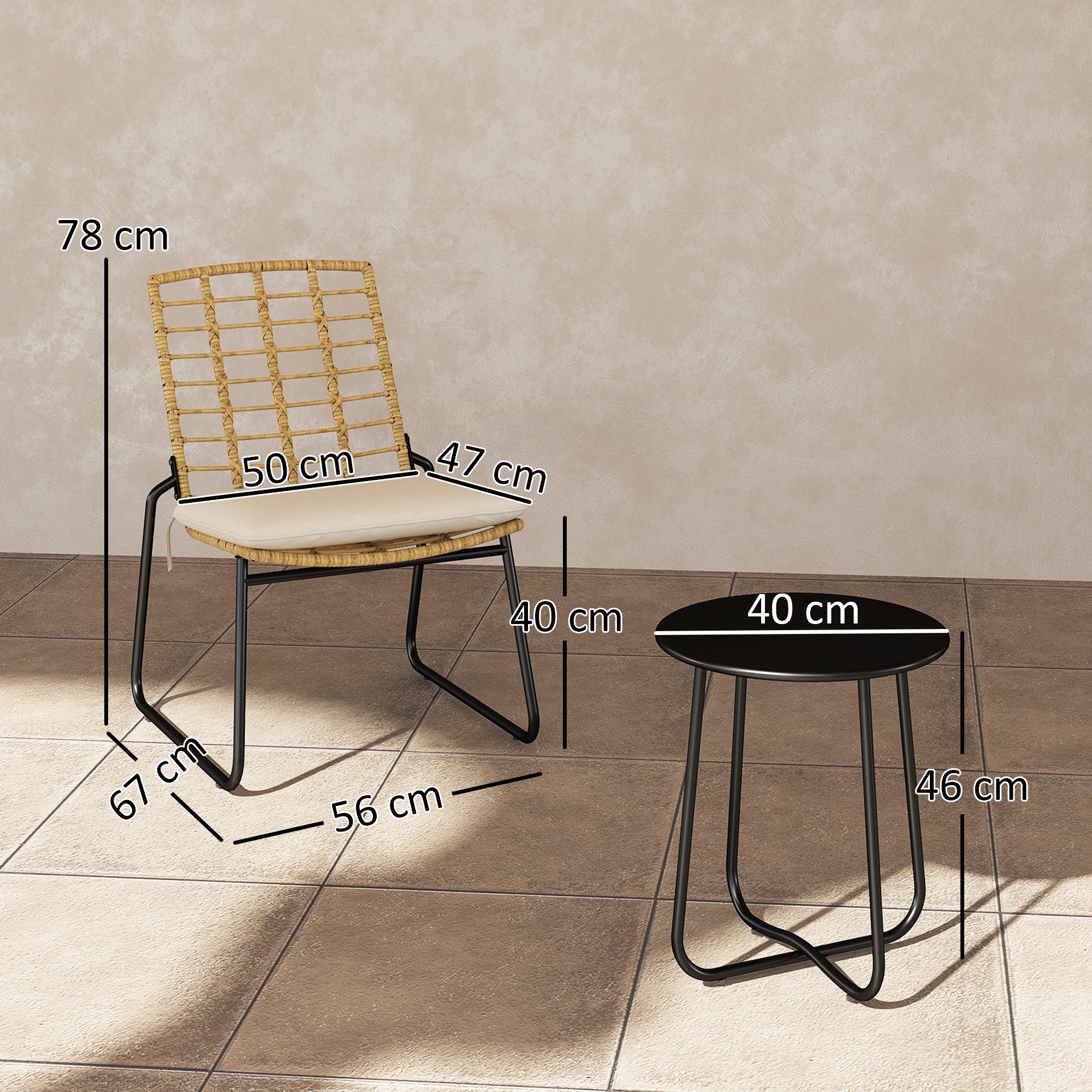 Outsunny Gartenlounge-Set 3-teilig, mit 2 stapelbar Stühle, Tisch, Kissen, wetterfest, (Balkonmöbel Set für 2 Personen, 3-tlg., Rattan Gartenmöbel Set), für Terrasse Balkon, Beige & Braun