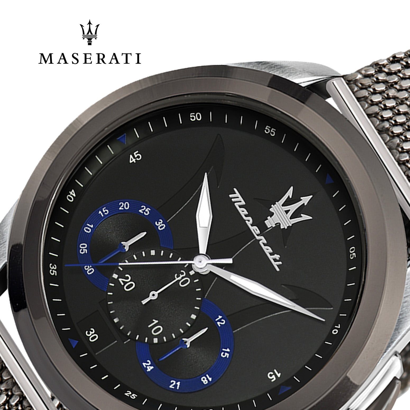 Uhr 55x45mm) Chronograph, Made-In Maserati Italy Herrenuhr grau MASERATI (ca. groß Chronograph Edelstahlarmband, Herren rund,