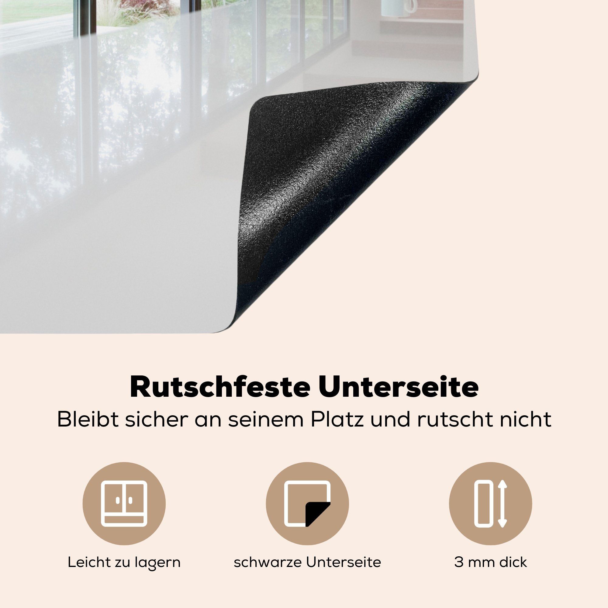 MuchoWow Herdblende-/Abdeckplatte Moderne Küche Mobile Vinyl, Ceranfeldabdeckung nutzbar, (1 tlg), und 60x52 cm, Arbeitsfläche Glasfenster