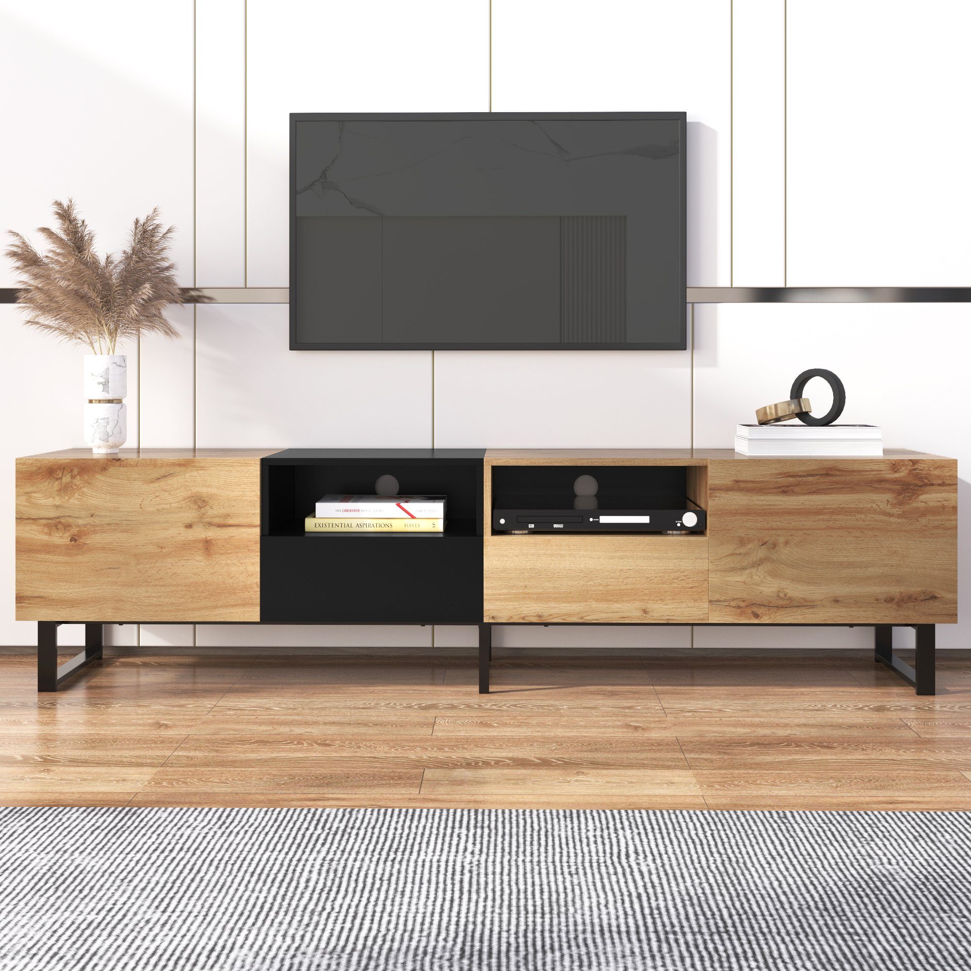 38 TV-Schrank mit Stauraum, robuste 48 190 cm x cm (geräumiger REDOM cm und holzfarbenem Design, x Konstruktion) schwarzem TV-Ständer