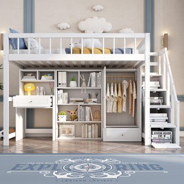 PHOEBE CAT Hochbett (Etagenbett) Kinderbett mit Schreibtisch, Kleiderschrank und Treppe, 90*200 cm