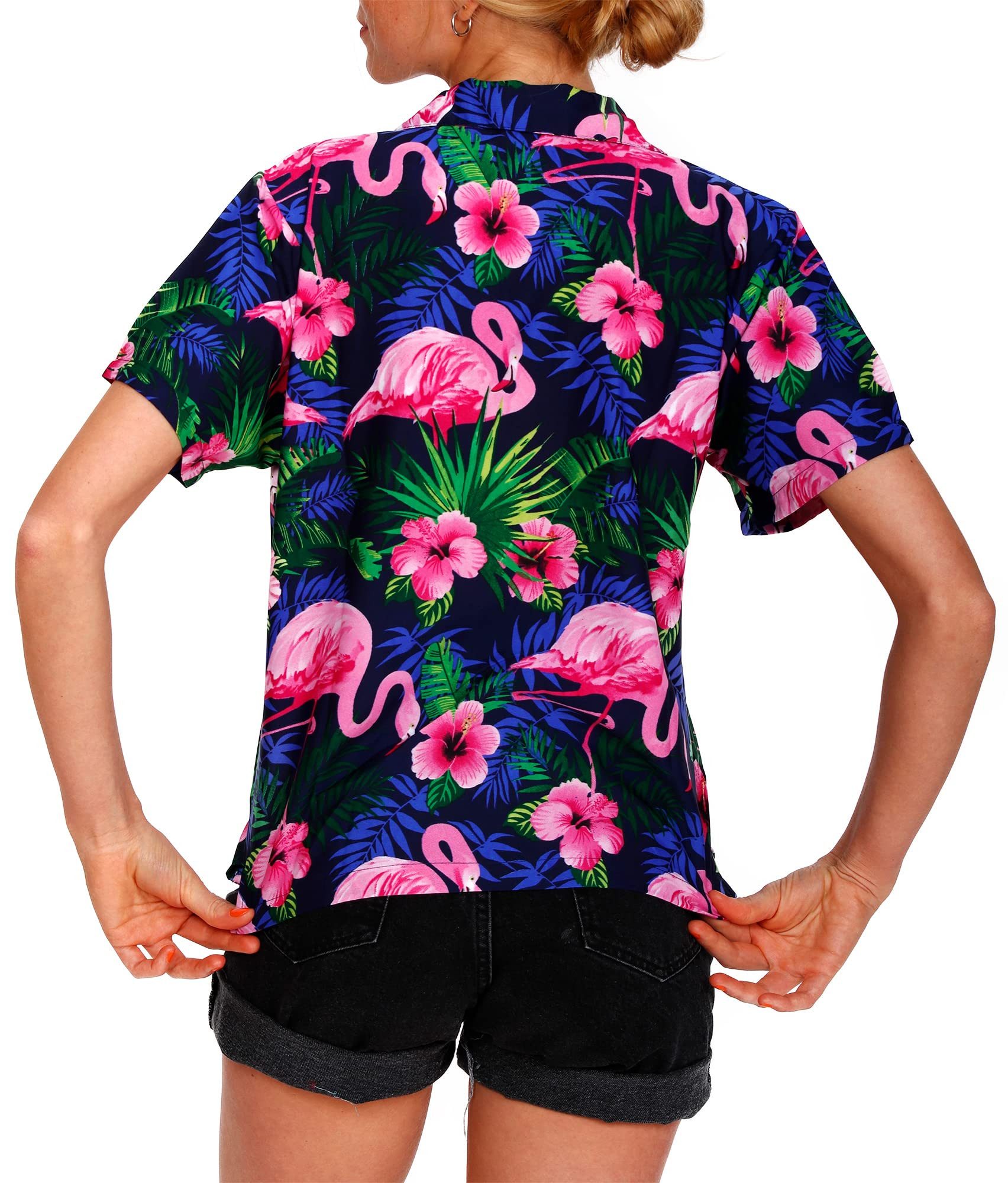 King Kameha Hawaiihemd Flamingo Flowers Funky Hawaiibluse Damen Kurzarm Front-Tasche Stylish