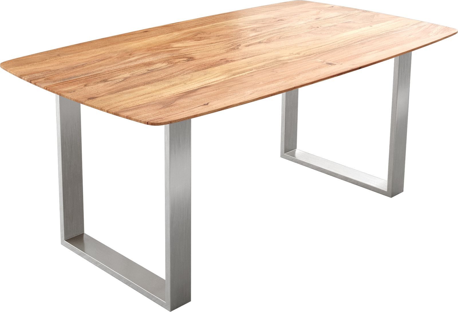 DELIFE Esstisch Edge, Boot Akazie Natur 180x90 Edelstahl Schmal Schweizer Kante