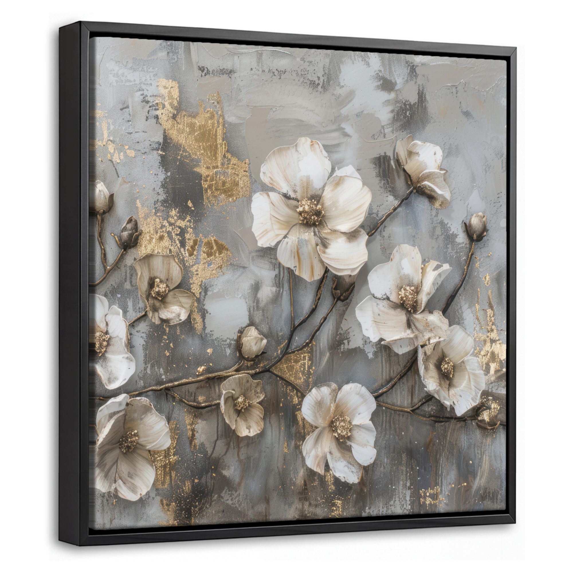 OneMillionCanvasses® Leinwandbild mit Rahmen - Blumen - Weiß - Grau - Gold - Luxus, Fotodruck (1 St), Leinwand Bilder Klein, Wand Dekoration Aesthetic 20x20cm