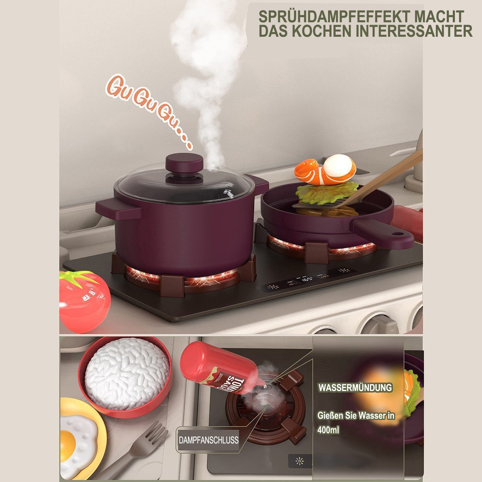 Esun Spielküche Spielküche Kinderküche mit Küchenzubehör, Licht, Spray, Wassereffekten, Chef Dinner Play Besteck Set Spielzeug Rosa