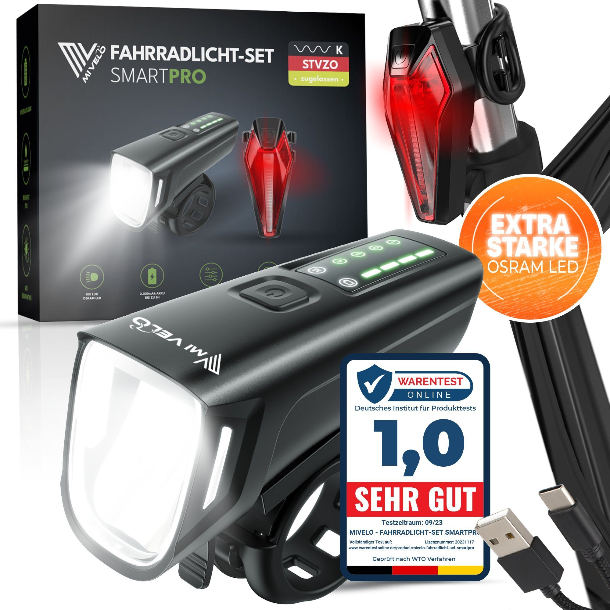 MIVELO Fahrradbeleuchtung SMART Fahrradlicht Set LED 100 LUX - Akku USB aufladbar