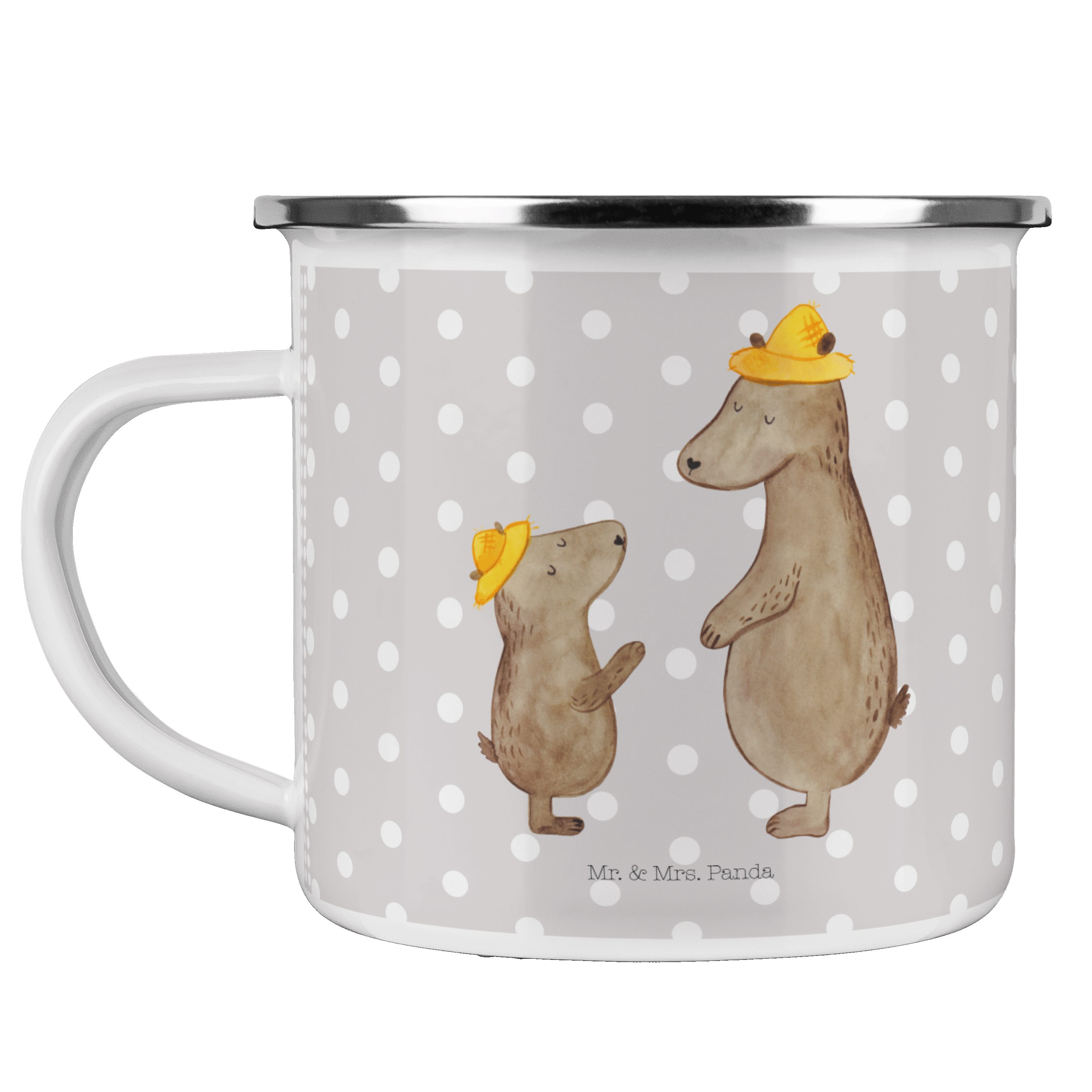 Mr. & Mrs. Panda Becher Bären mit Hut - Grau Pastell - Geschenk, Outdoor Tasse, Muttertag, Fa, Emaille