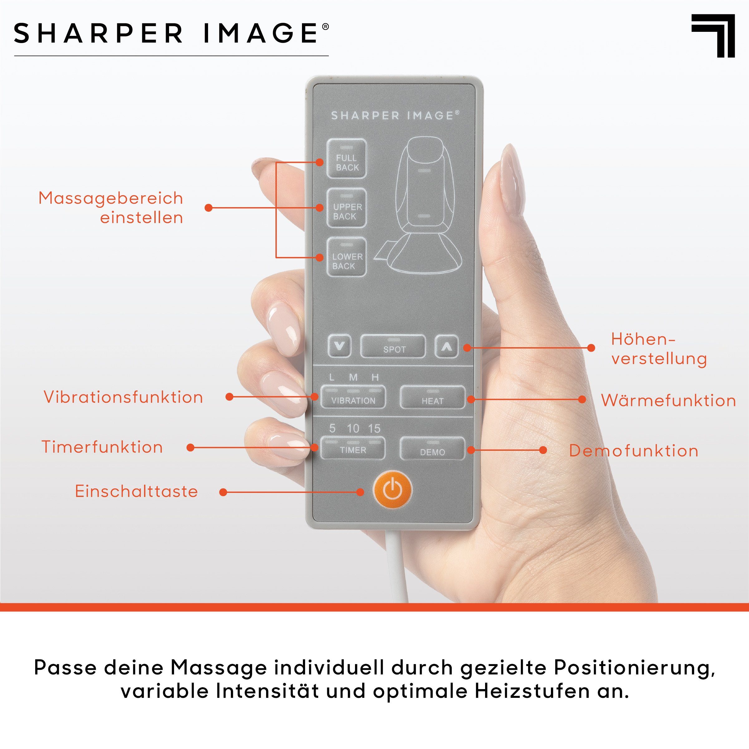 Sharper Image Massagesitzauflage Shiatsu Cushion, 1x Shiatsu-Sitzauflage, 1x Fernbedienung, mit einstellbarer Wärmefunktion und Vibrationsfunktion