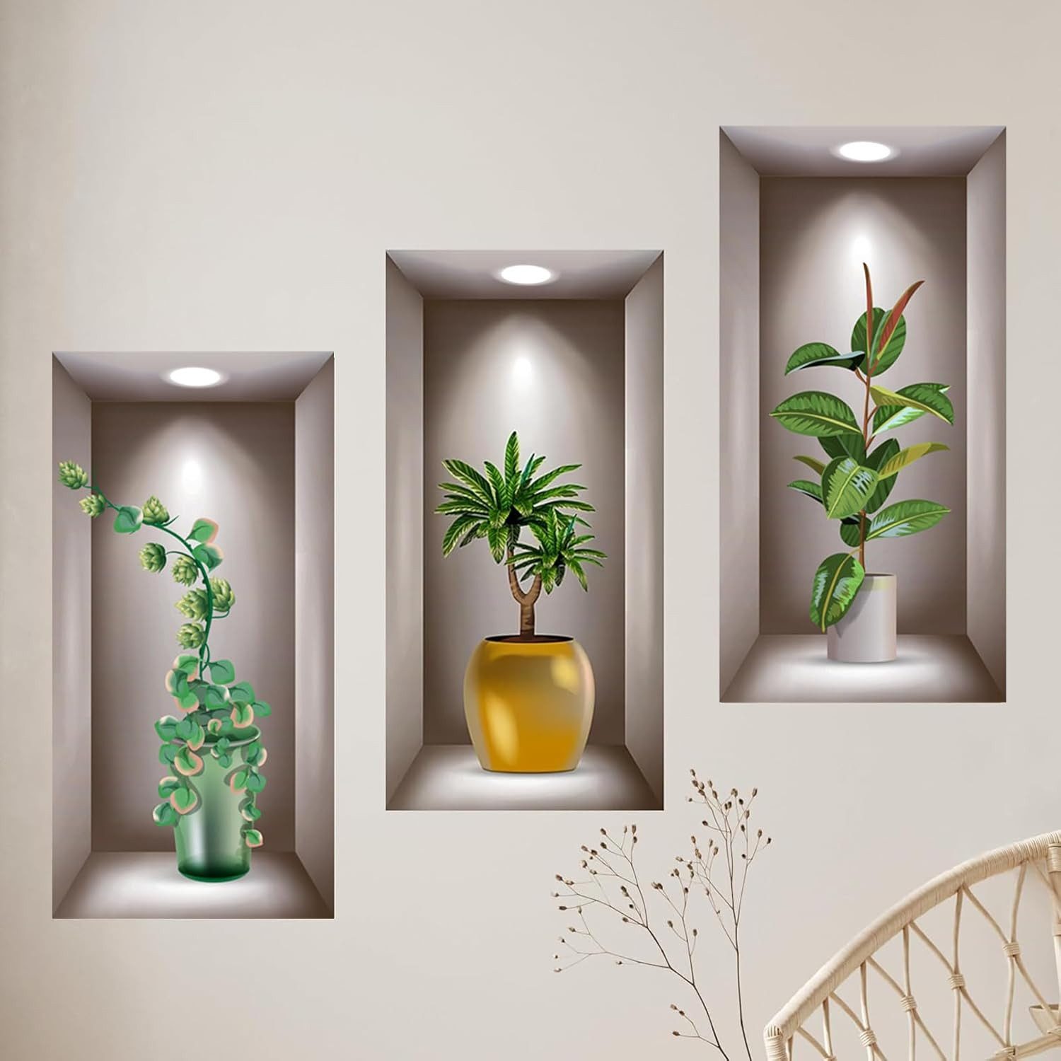 MOPUEA Wandsticker Wandsticker Pflanzen Wandtattoo 3D Vasen Wandaufkleber Wohnzimmer (Wandsticker Set mit grünen Pflanzen und Vasen Design, 3D Pflanzen Wandsticker Set für Wohnzimmer und Schlafzimmer), 3D Pflanzen Design selbstklebend wasserfest abnehmbar