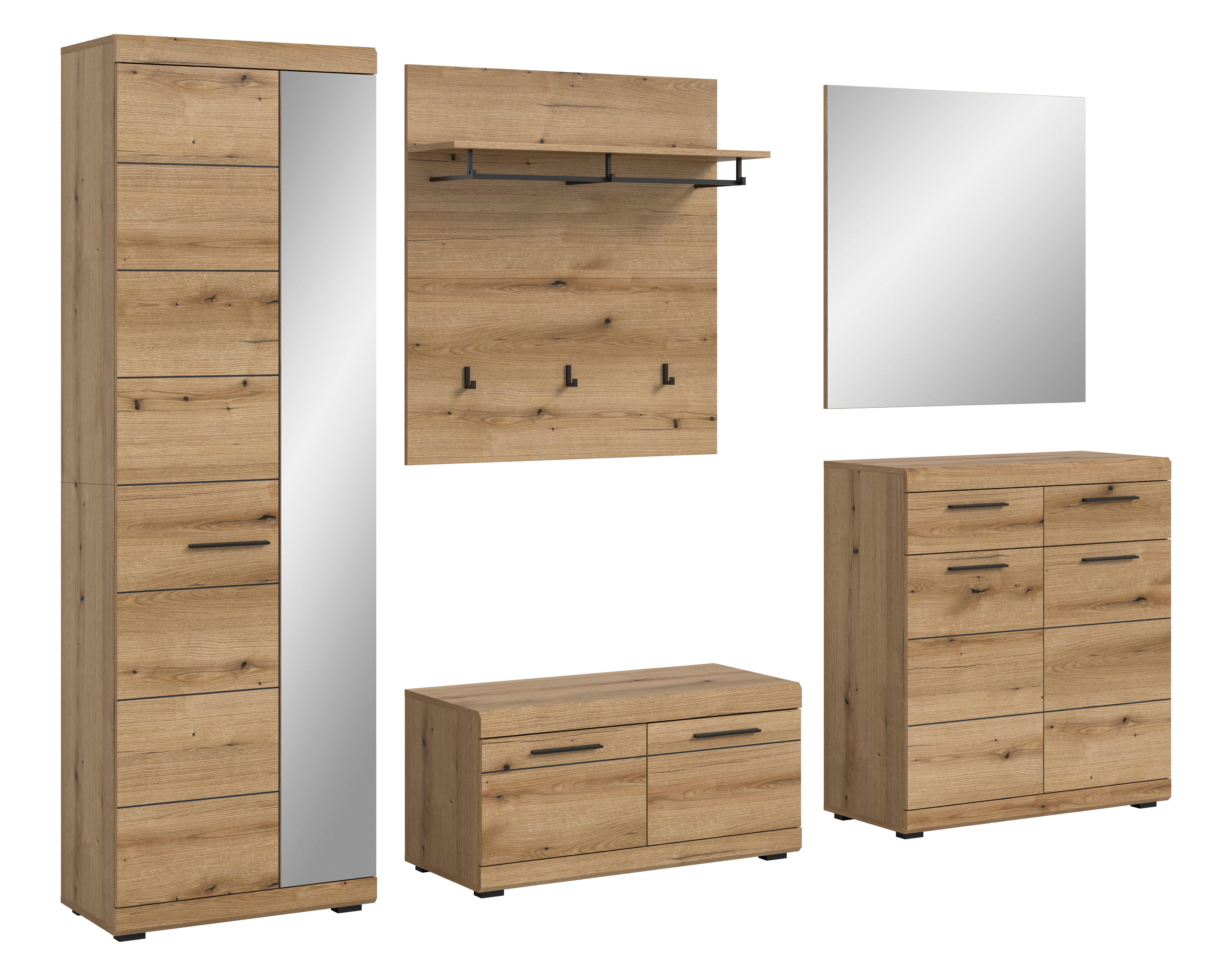 furnling Garderoben-Set Scott, (5-St., Garderobenpaneel, Garderobenschrank, Schuhkommode, Sitzbank, Spiegel), Flurmöbel, Garderobenmöbel, Breite 272 cm, Evoke Oak Nachbildung