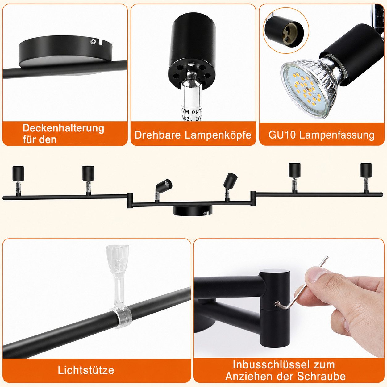 AIBOO Deckenstrahler 6-flammige schwarz mit verstellbarem Winkel, ohne Leuchtmittel, Individuell je nach Leuchtmittel, klappbaren flexiblen Armen, GU10-Fassunge – Bild 4 von 5