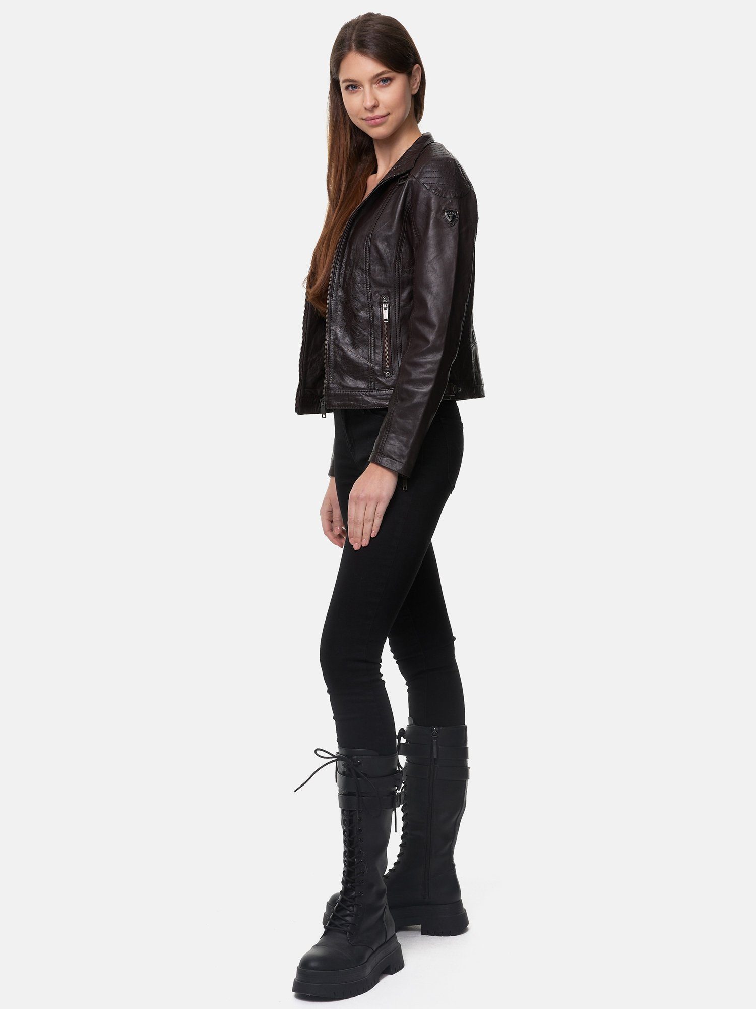 Tazzio Lederjacke F503 Damen Leder Jacke im Biker Look mit abnehmbarer Kapuze
