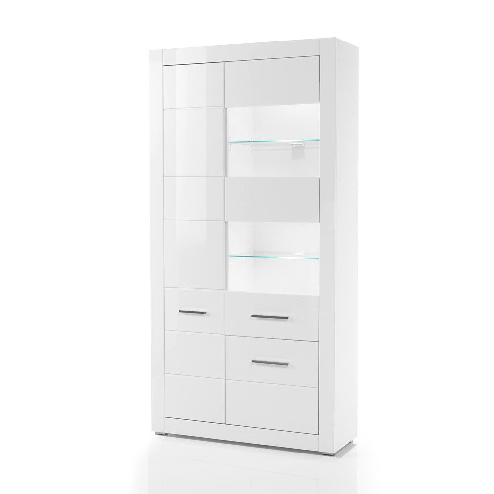 Lomadox Vitrine BALVE-61 Standvitrine modern in weiß Hochglanz & mit Beleuchtung 100x198x35cm