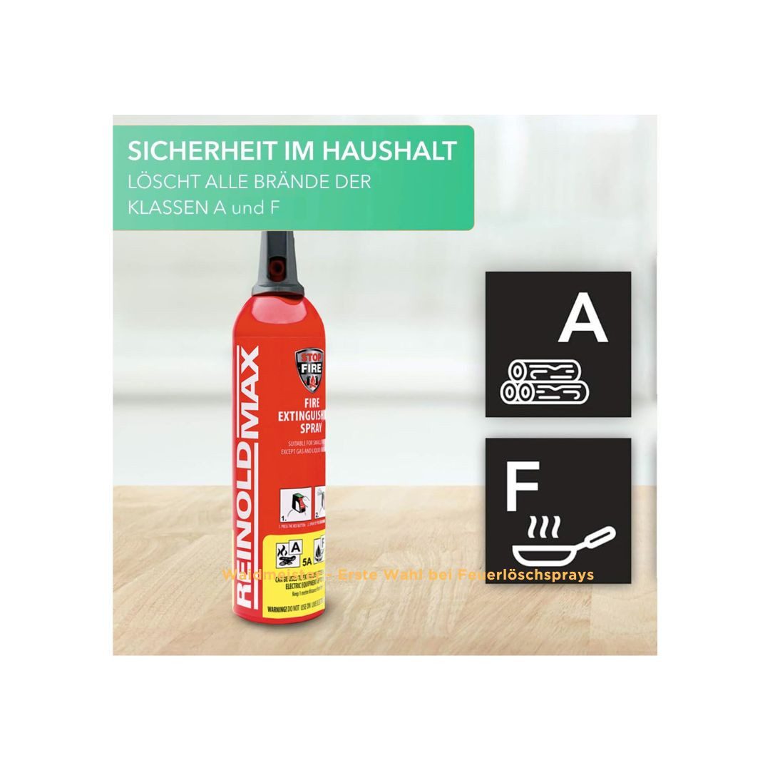 Waidmeister Feuerlöschspray Premium Feuerlöschspray – 750ml – Stopfire – Autofeuerlöscher, (1-St) Feuerlöschspray Fettbrandlöscher Brandklasse A F Löscher