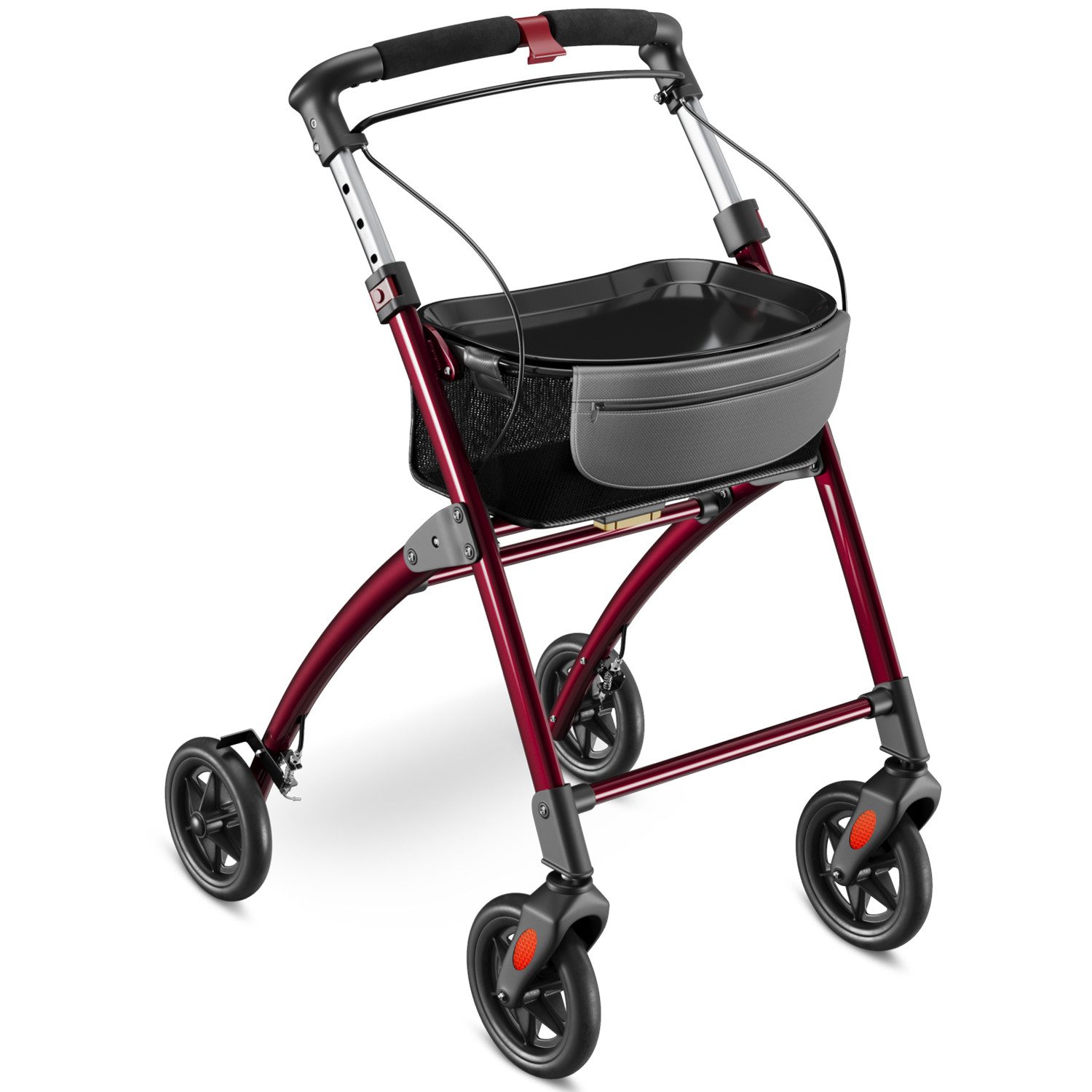 ELONEO Indoor-Rollator Wohnungsrollator inkl. Tablett & Korb für Zuhause, klappbare Gehhilfe, Einhand-Falt-mechanismus, geringes Faltmaß, maximale Sichtbarkeit