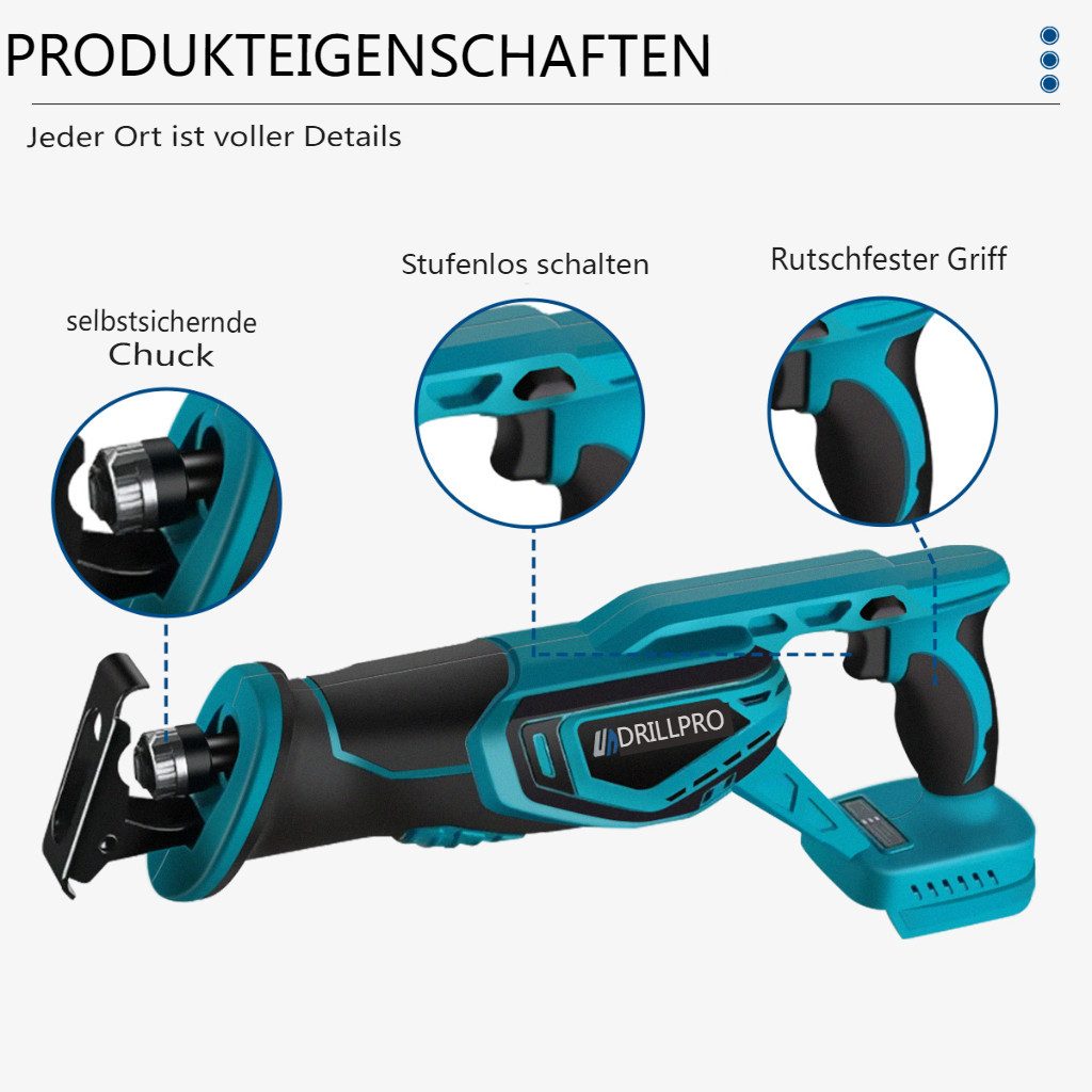Insma Akku-Säbelsäge 3000W Elektrische Säbelsäge, Bürstenloser Motor 18V, einstellbare Geschwindigkeit 0 - 3000 U/min, Mit 2 Akkus 15000mAh