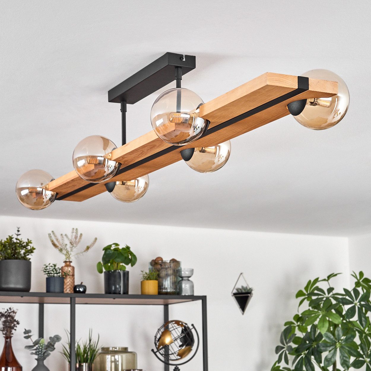 hofstein Deckenleuchte Deckenlampe aus Metall/Holz/Glas in Schwarz/Natur/Be günstig online kaufen