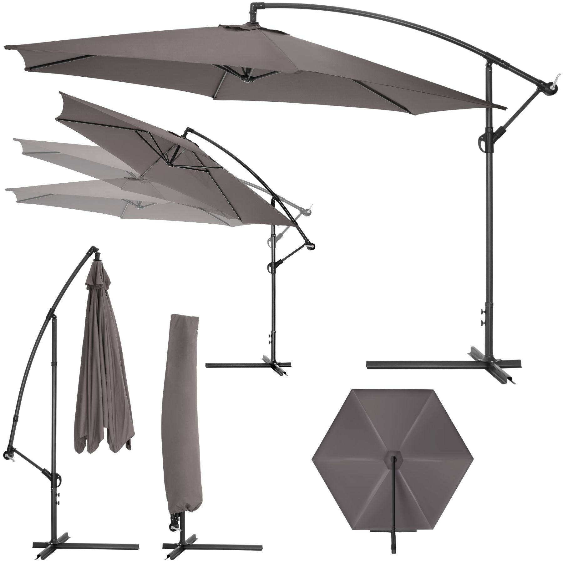 tectake Ampelschirm Ciccio, Komplettset für Terrasse oder Garten, inkl. Schirmstände, Fuß und Schutzhülle, Kurbel