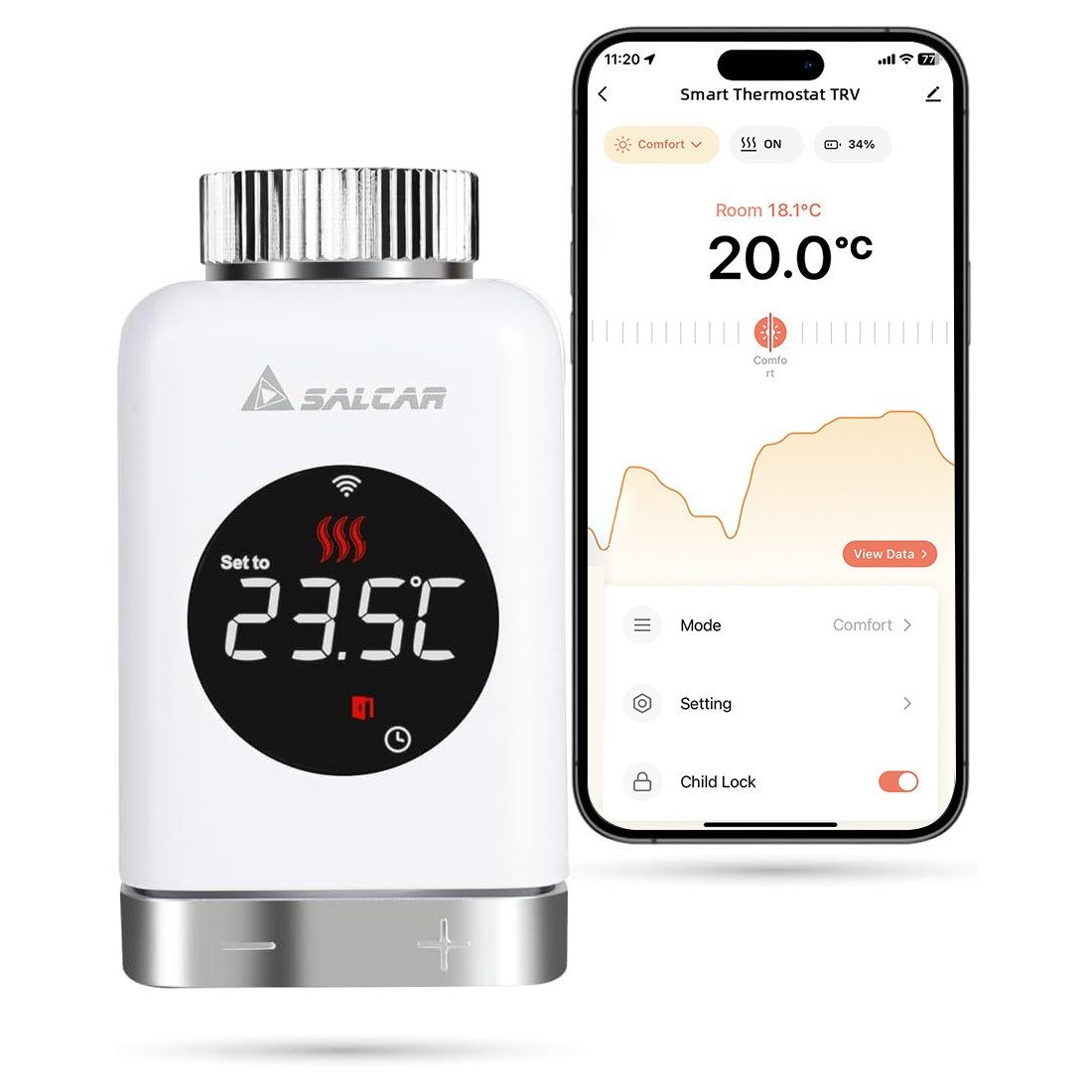 Salcar Heizkörperthermostat Heizkörperthermostat TRV801W Thermostat Heizung Smart LCD WiFi, Thermostat kompatibel mit Amazon Alexa & Google Assistant