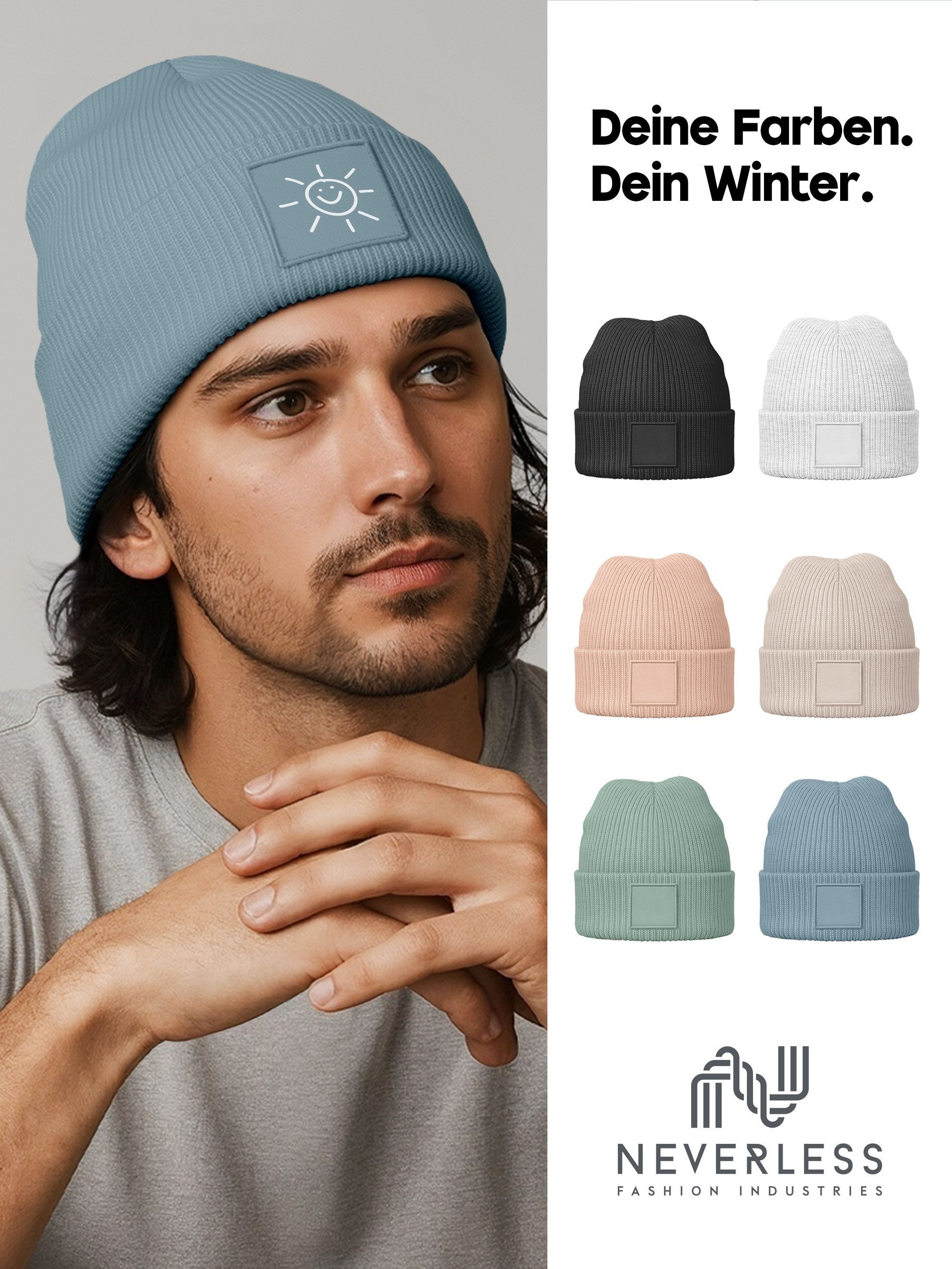 Neverless Strickmütze Herren Mütze Beanie mit Aufdruck Sonne Smile Wintermütze Print