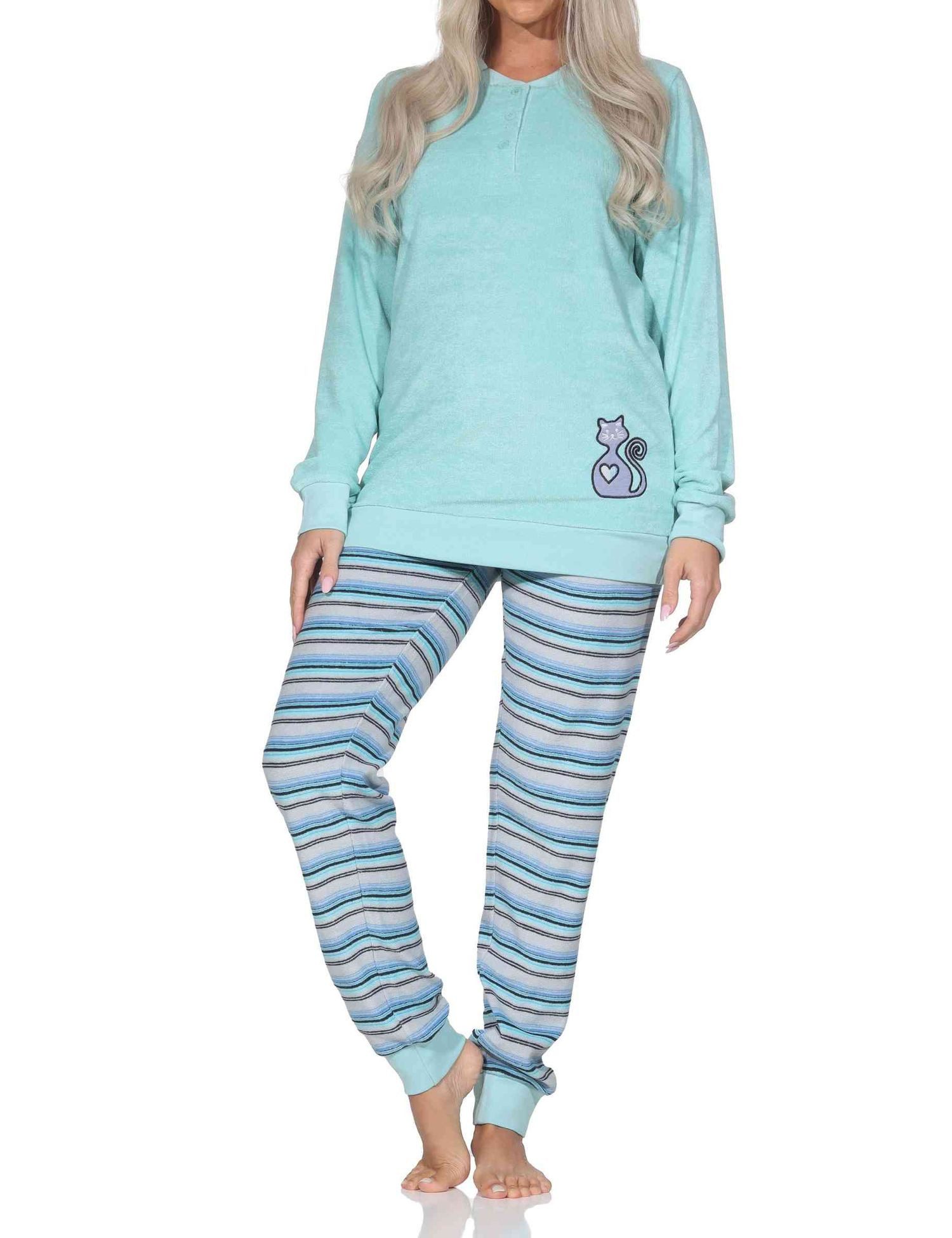 Pyjama Normann Damen Frottee Pyjama lang mit Bündchen + Tier-Motiv