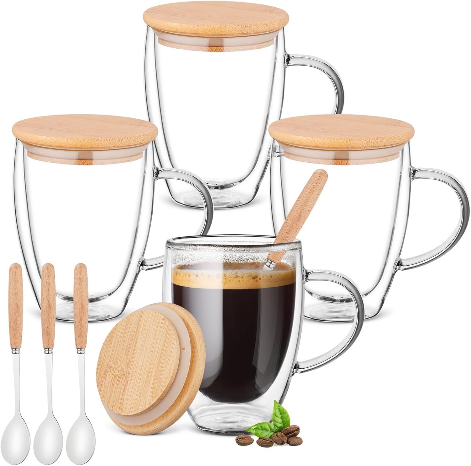 LA CUTE Thermotasse 4er-Set Doppelwandige Glas-Kaffeetassen mit Deckel und Löffel 350 ml, doppelwandig, hitzebeständig, isolierend, transparenter Glaslook