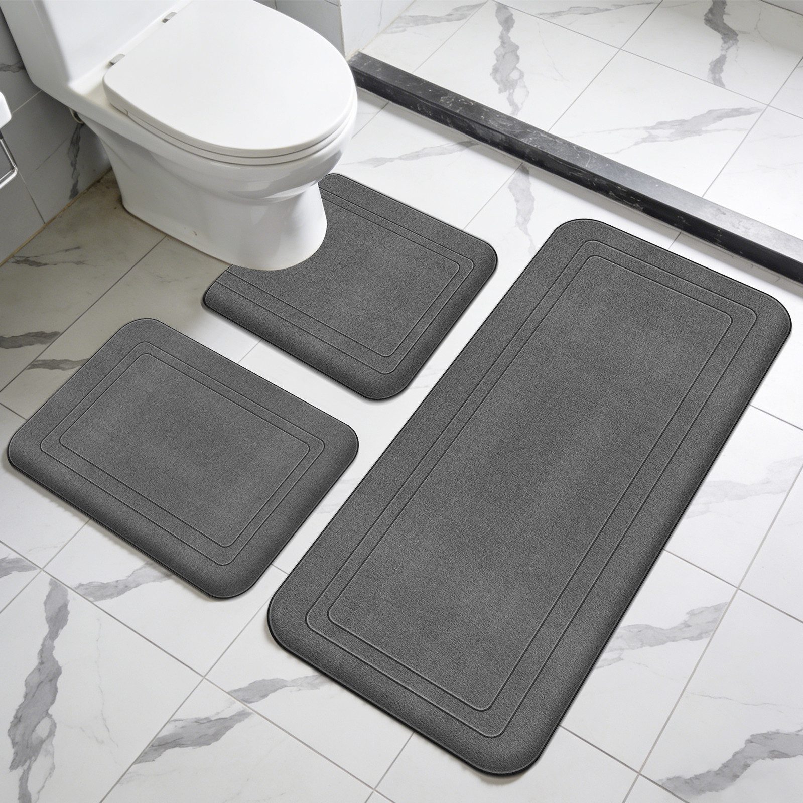 BlingBin Badematte Badezimmerteppich Set 3 Teilig, Badteppich aus Memory Foam rutschfest, Memory Schaum, schnell trocknend, Waschbar, Memory-Schaum, Rechteck, mit U Förmige wc Vorleger, Badteppich Waschbar Badvorleger Set