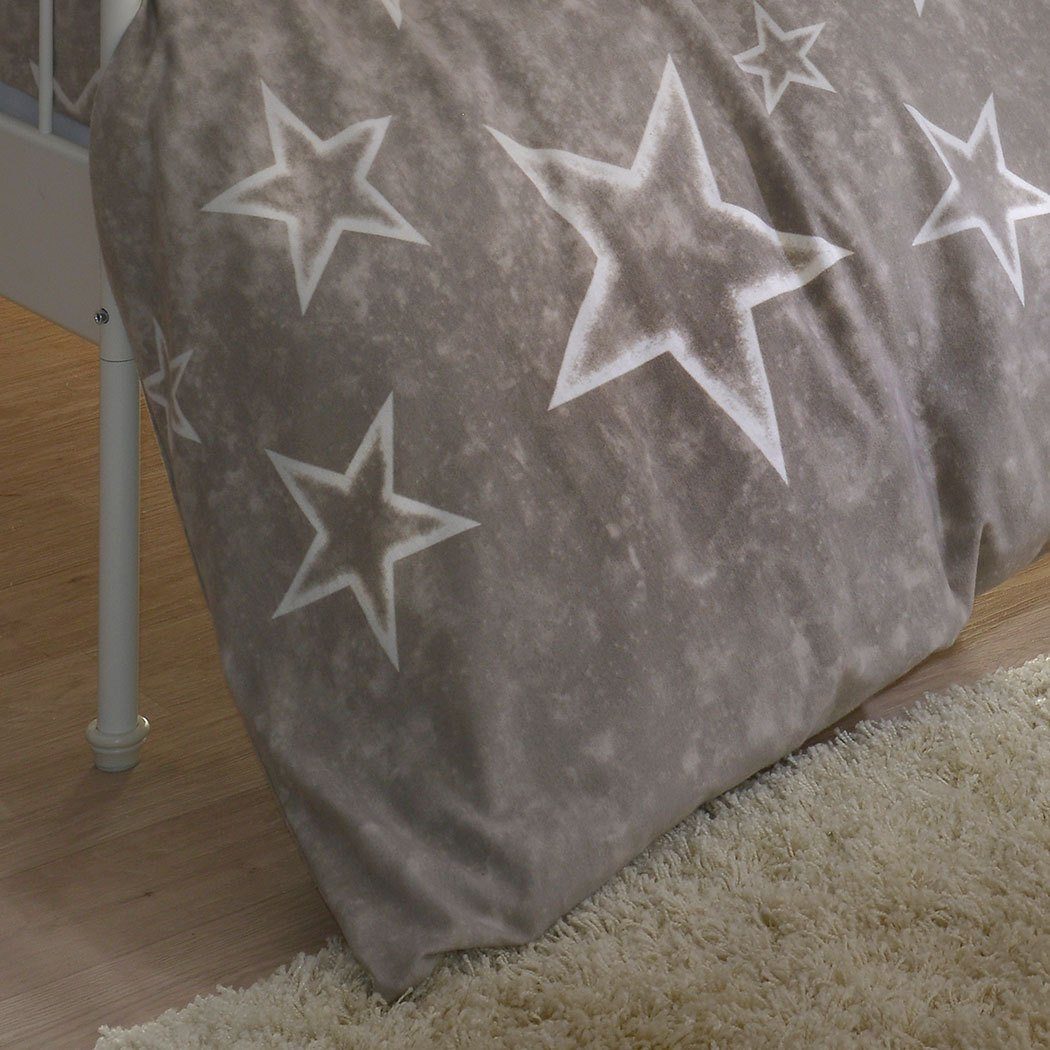 BETTWARENSHOP Bettwäsche Sterne taupe, Biber, 2 teilig, warme weiche Kuschelsterne