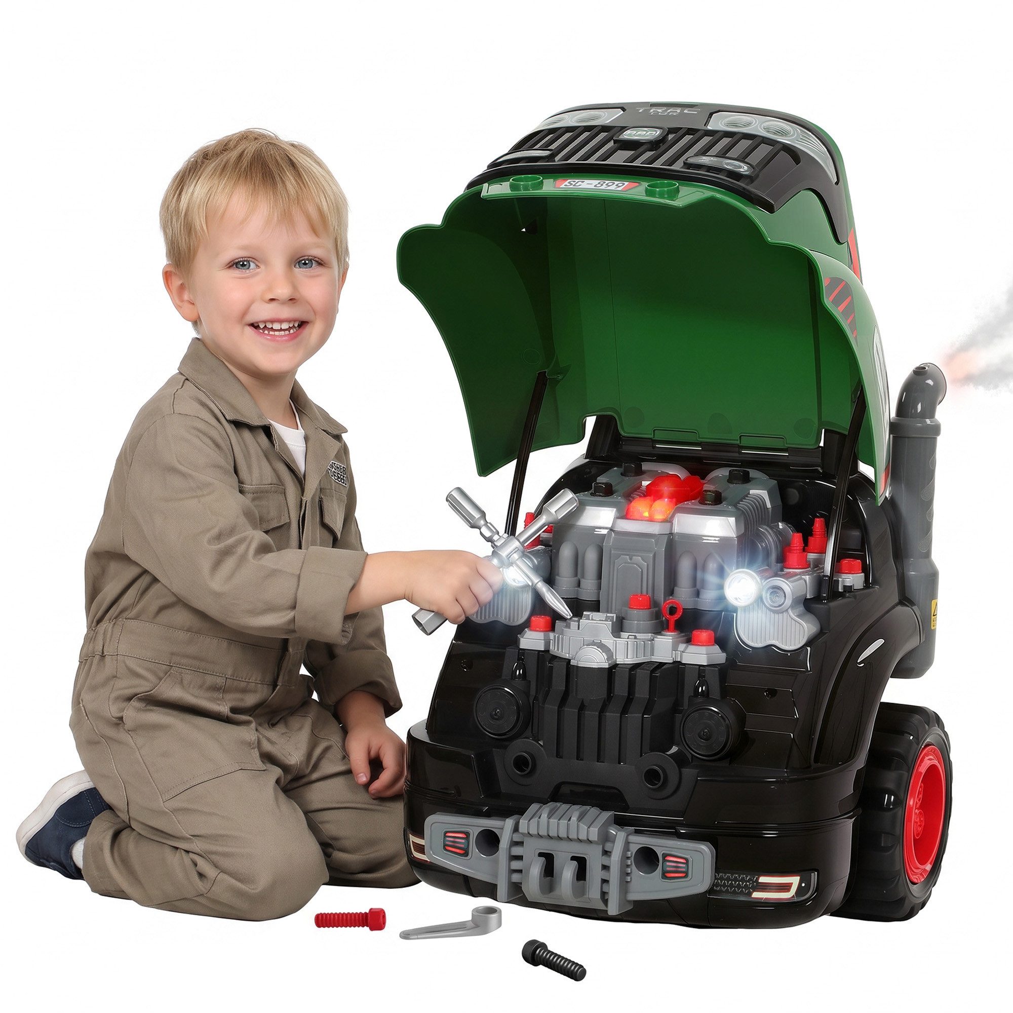 AIYAPLAY Spielzeug-Auto Autoreparaturset mit Lenkrad, (Set, 1-tlg., Motor-Spielset), Licht, Sound, Nebel, 55 Zubehörteile