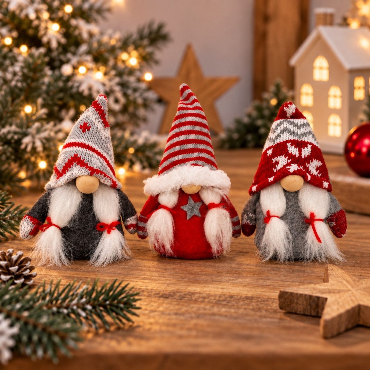Online-Fuchs Dekofigur süße kleine Weihnachtswichtel mit Mütze - Deko Winter & Weihnachten (3er oder 6er Set wählbar, harmonische Kombination aus Rot, Grau und Weiß), inklusive Juteschnur zum Aufhängen als Weihnachtsbaumschmuck - W7