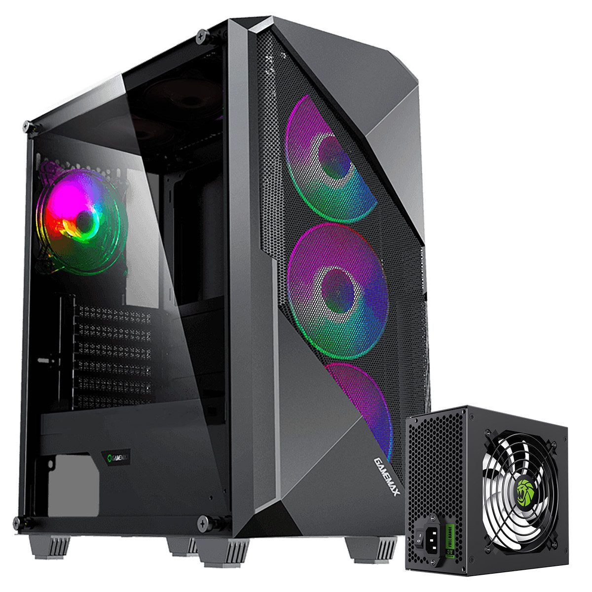 GAMEMAX Gaming-Gehäuse Revolt, Midi Tower, 1x USB 2.0, 1x USB 3.0, 1x Mikrofon, 1x Kopfhörer, 400W 80+ Bronze Netzteil vorinstalliert