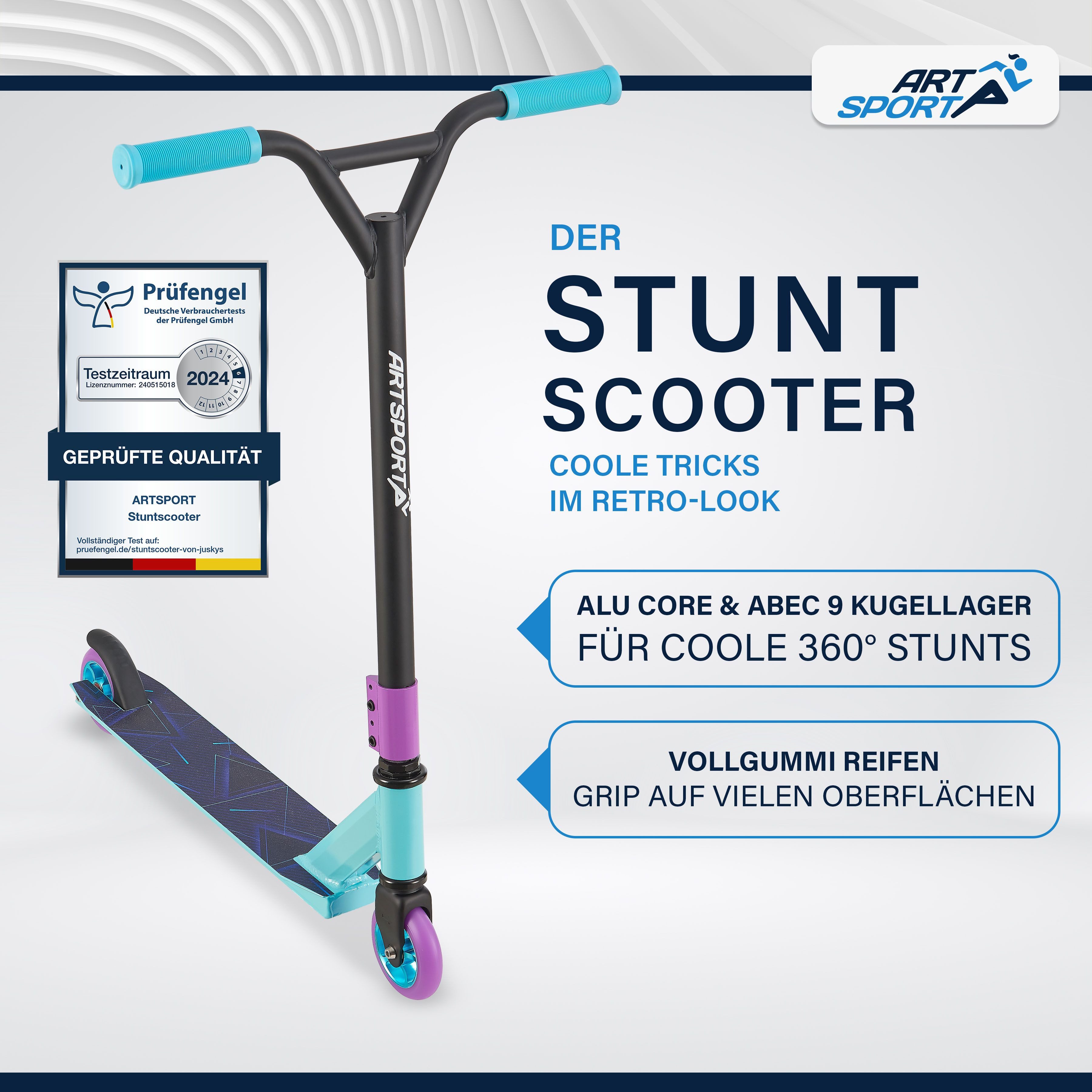 ArtSport Stuntscooter Retro Purple, Alu Core, 360°-Lenker mit TPR-Grips, stabil und leicht