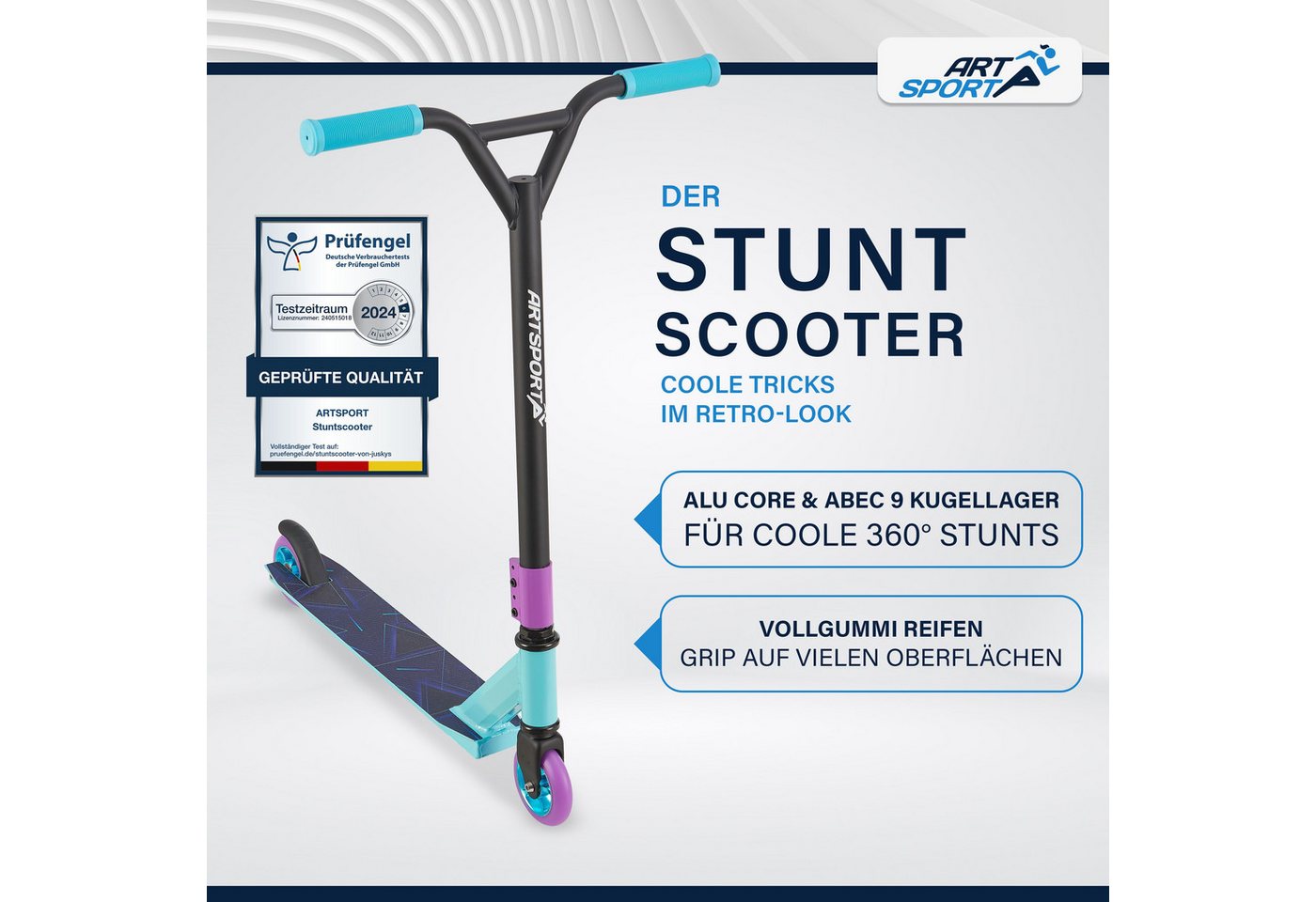 Thumbnail - ArtSport Stuntscooter Retro Purple, Alu Core, 360°-Lenker mit TPR-Grips, stabil und leicht