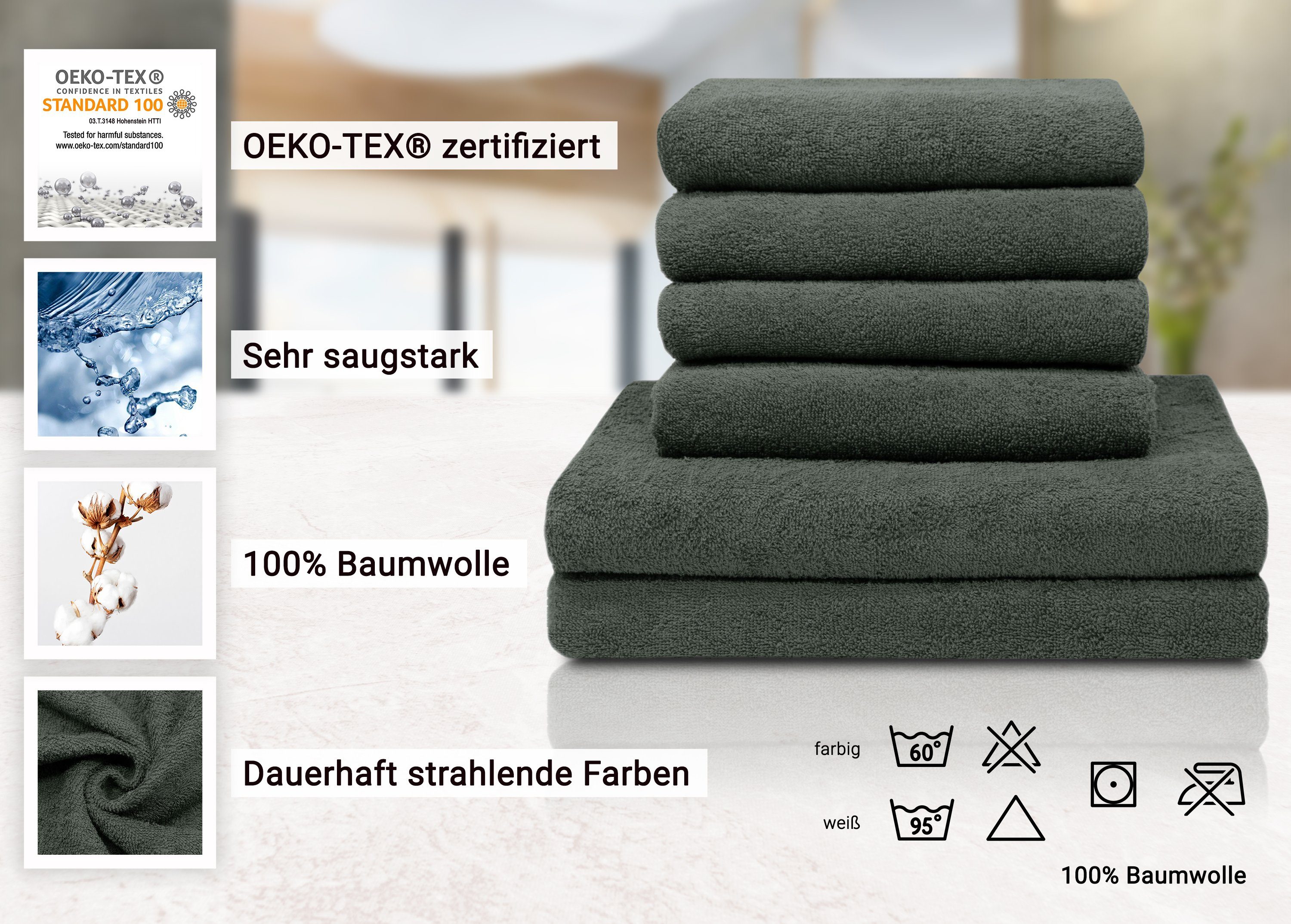 ZOLLNER Handtuch Set, Walkfrottier, (6-tlg), vom Hotelwäschespezialisten 100% Baumwolle, anthrazit