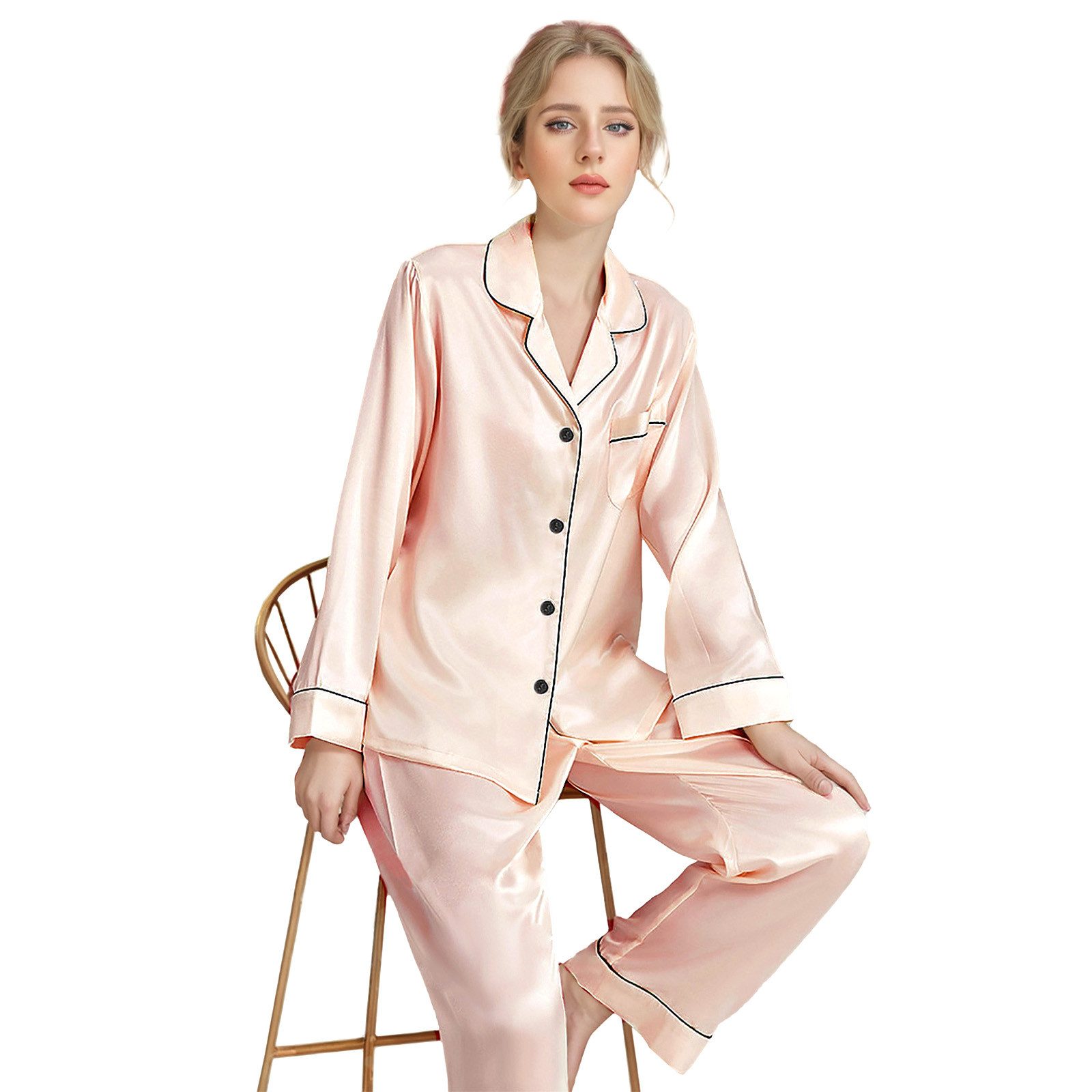 TANTOMI Schlafanzug Damen Satin Schlafanzug 2-Tlg, Langarm Pyjama-Set mit Knopfleiste, kuscheligem V-Ausschnitt und Langen Ärmeln – Bild 2 von 5