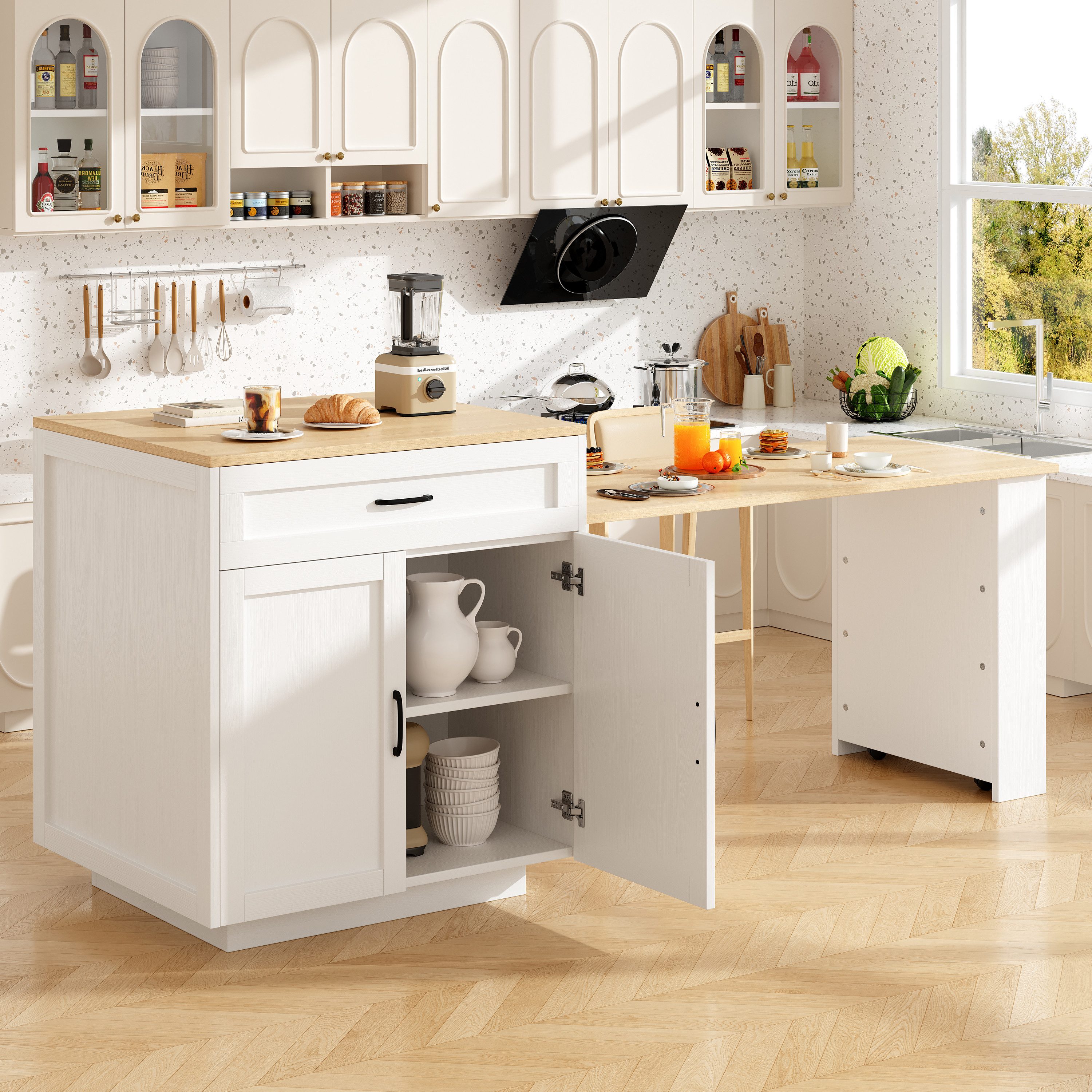 Flieks Kücheninsel mit ausziehbarer Esstisch, (Schrankmaße: B80/T70/H93,5 cm, Tischmaße: B124/T59/H75 cm), Küchenschrank mit Arbeitsplatte, 2 Schublade und 4 Fächern Buffet