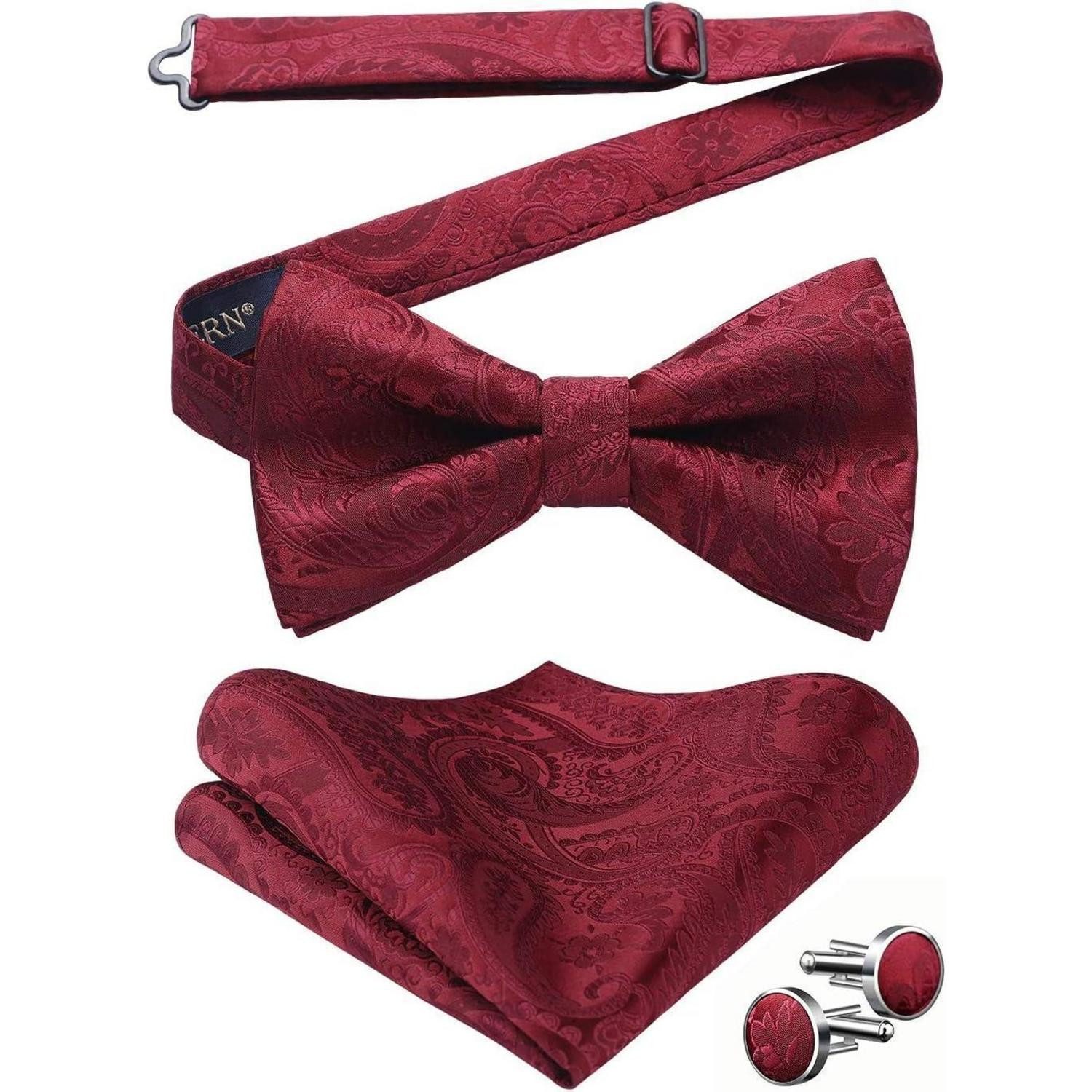 LuxusKollektion Fliege Fliege Herren Paisley Einstecktuch Manschettenknöpfe Set A1 Bordeaux