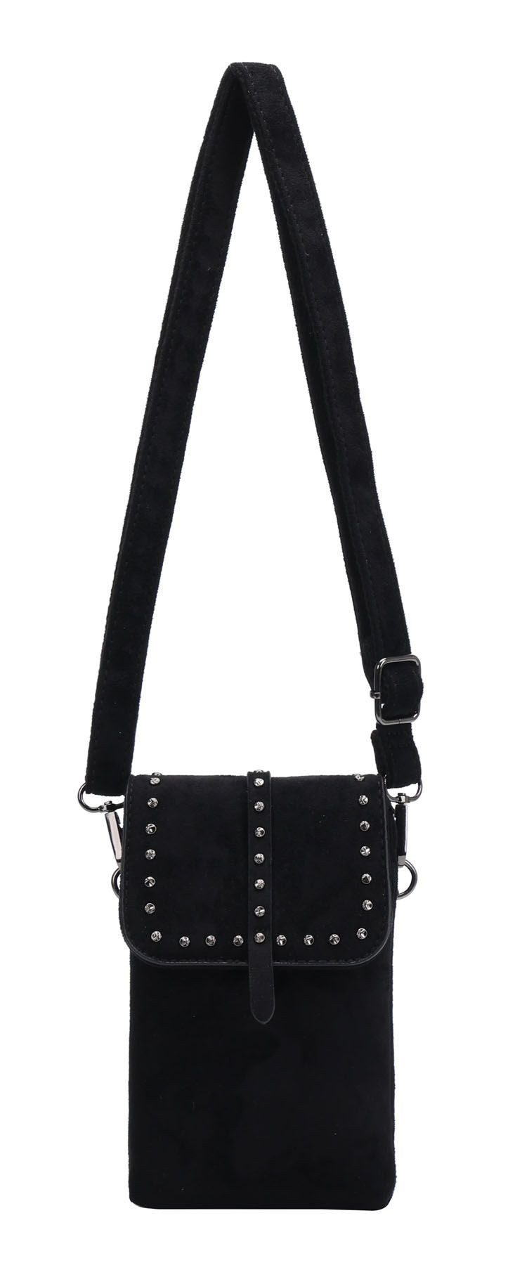 ITALYSHOP24 Umhängetasche Damen Tasche Crossbody Nieten Smartphone Umhängetasche Wildleder-Optik (Spar-Set Clutch-Tasche mit einem breitem Stoffgurt/Umhängeband, Wildleder-Optik), Bodybag Handytasche Freizeit Handtasche Crossover Geldbörse Samt Reise