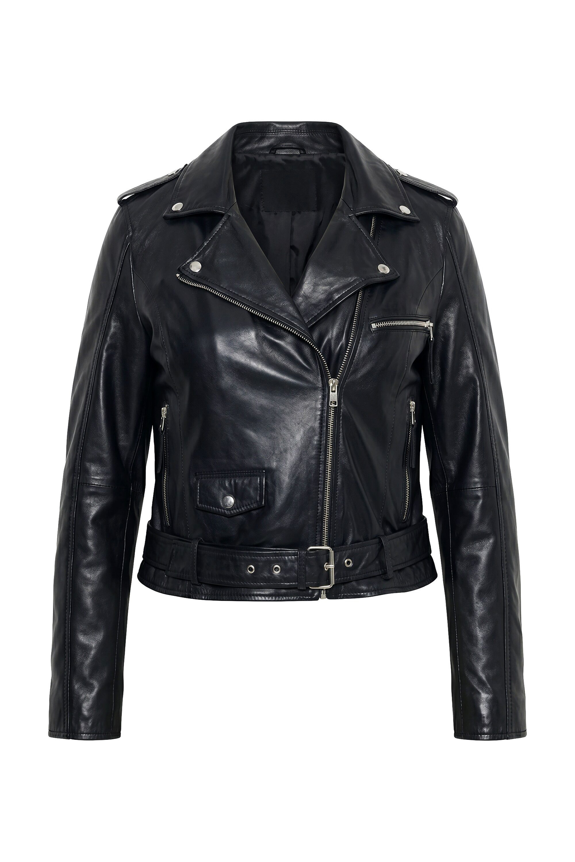 Ulla Popken Lederjacke Biker-Lederjacke Reverskragen Gürtel Langarm – Bild 2 von 4