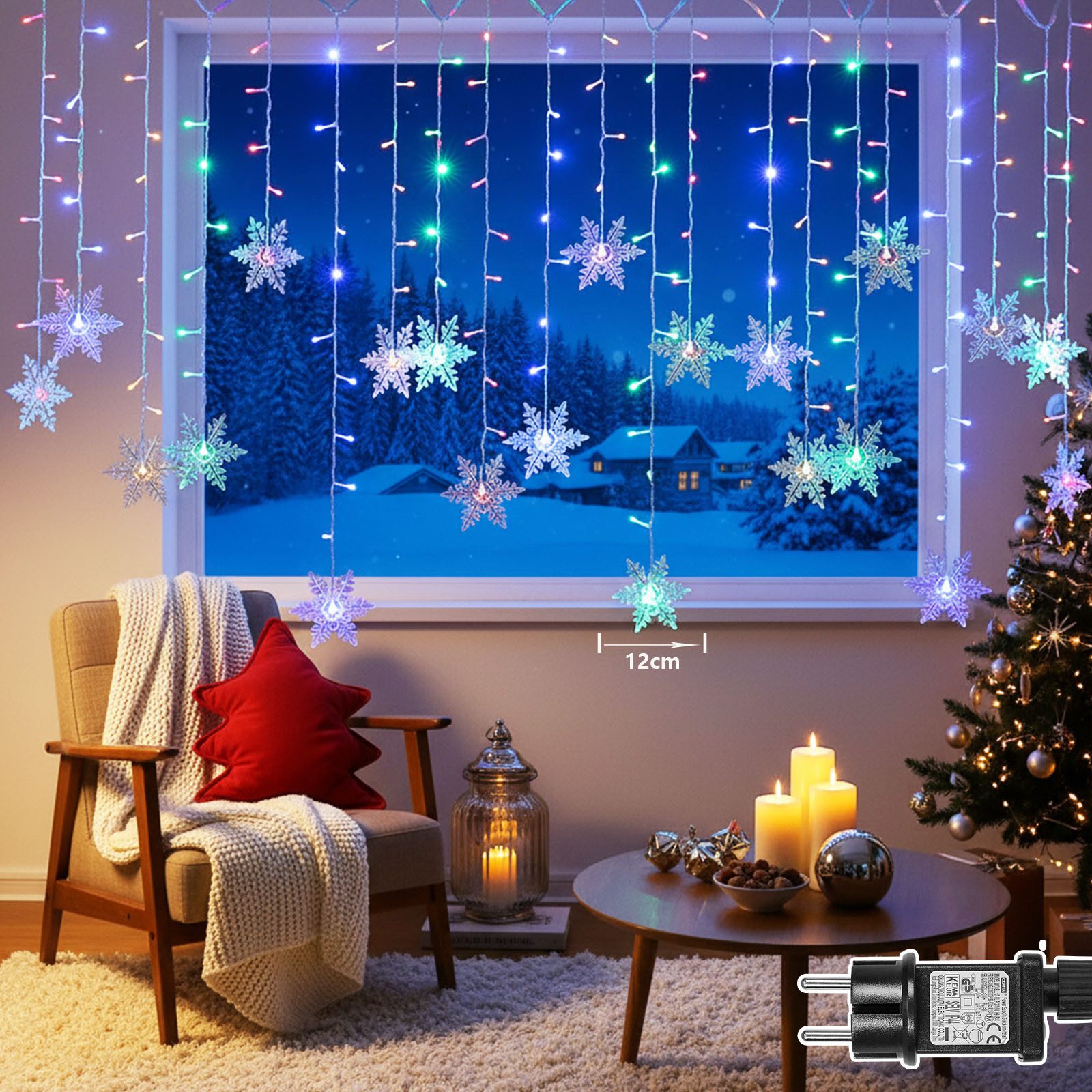 SERBASIC Lichtervorhang LED Schneeflocke Lichterkette, mit 8 Modi und Speicherfunktion, Timer, für Außen Weihnachten, Hochzeit, Balkon, Große Schneeflocke